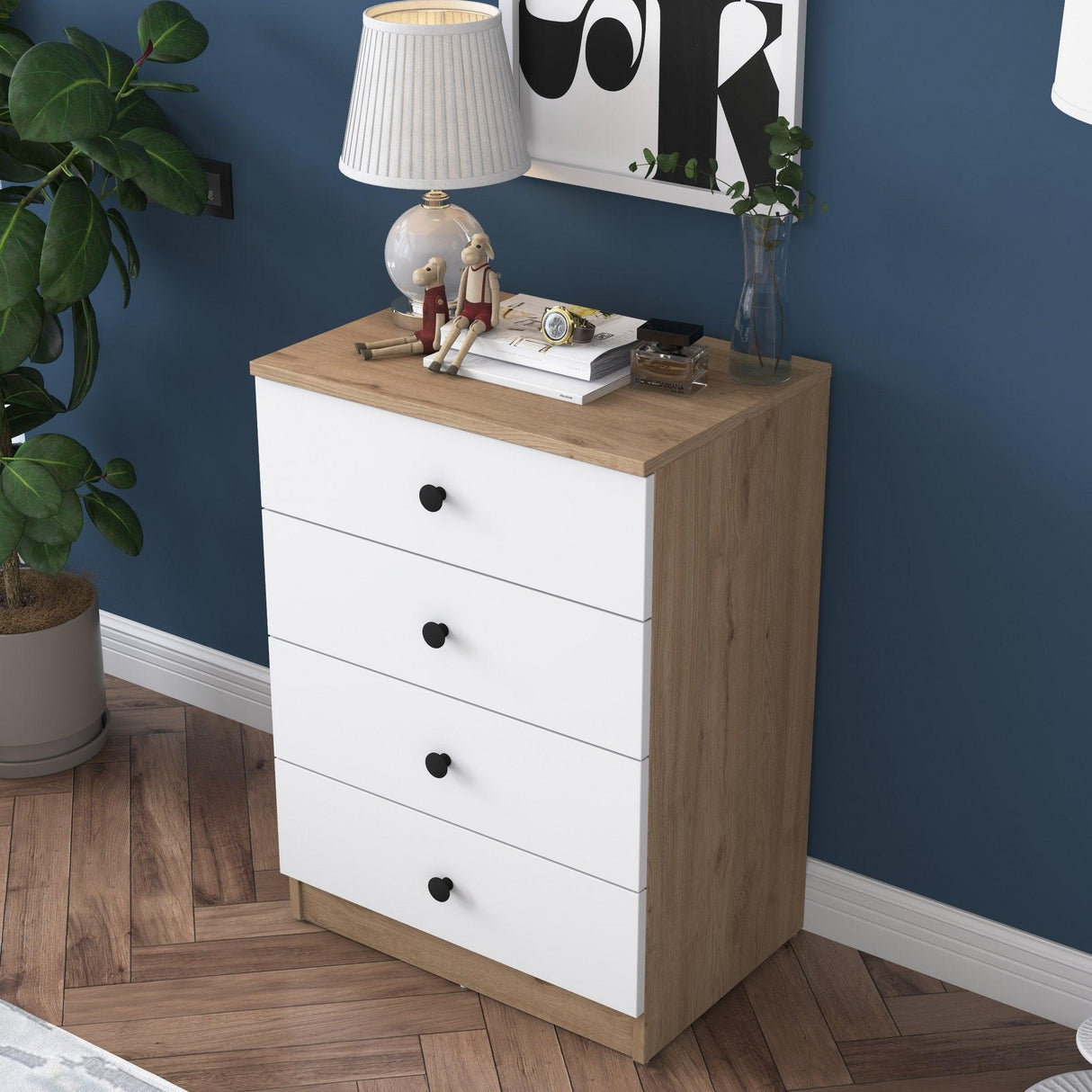 Comoda Dalin cu 4 Sertare, Alb - Nuc, 60 X 83 X 42 Cm