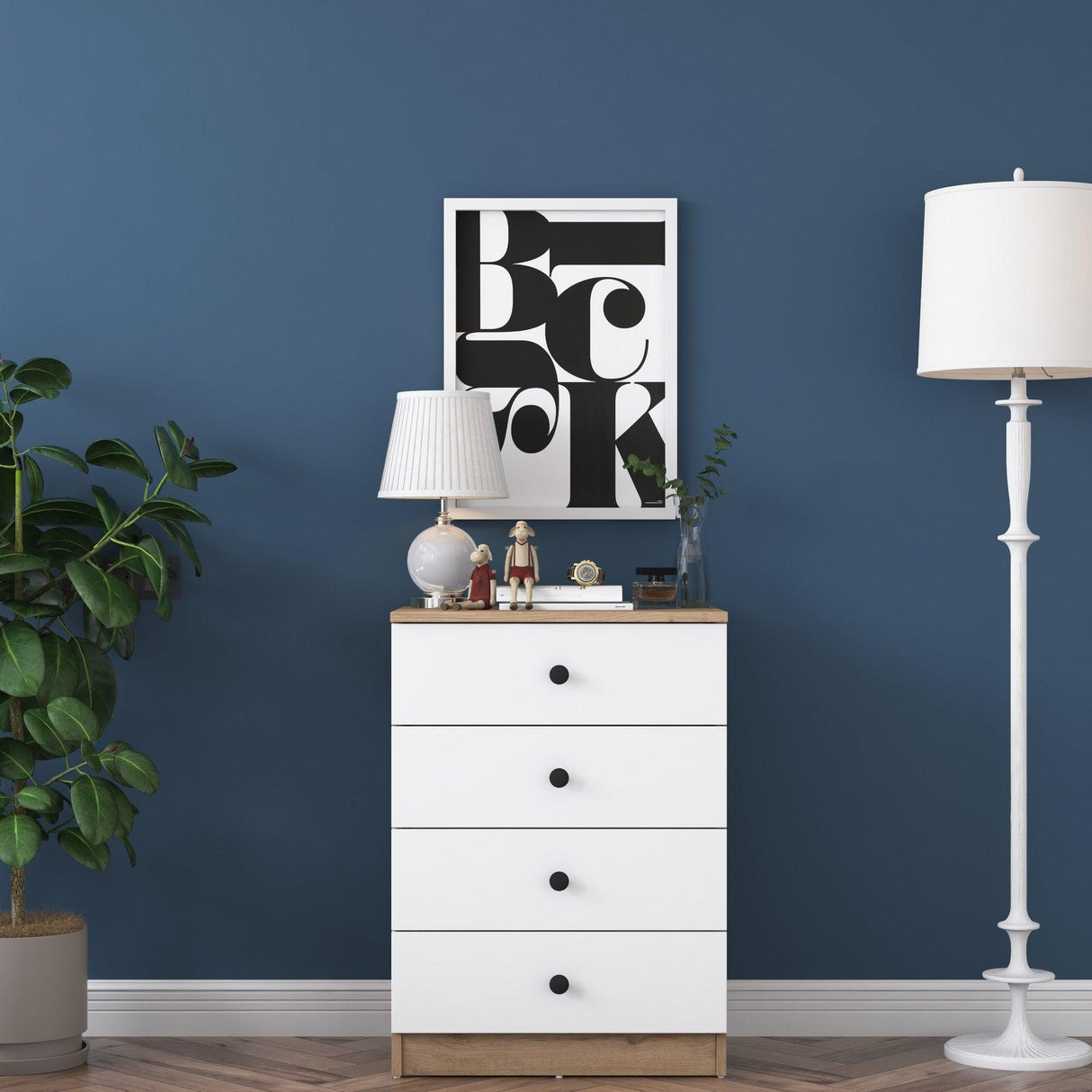 Comoda Dalin cu 4 Sertare, Alb - Nuc, 60 X 83 X 42 Cm