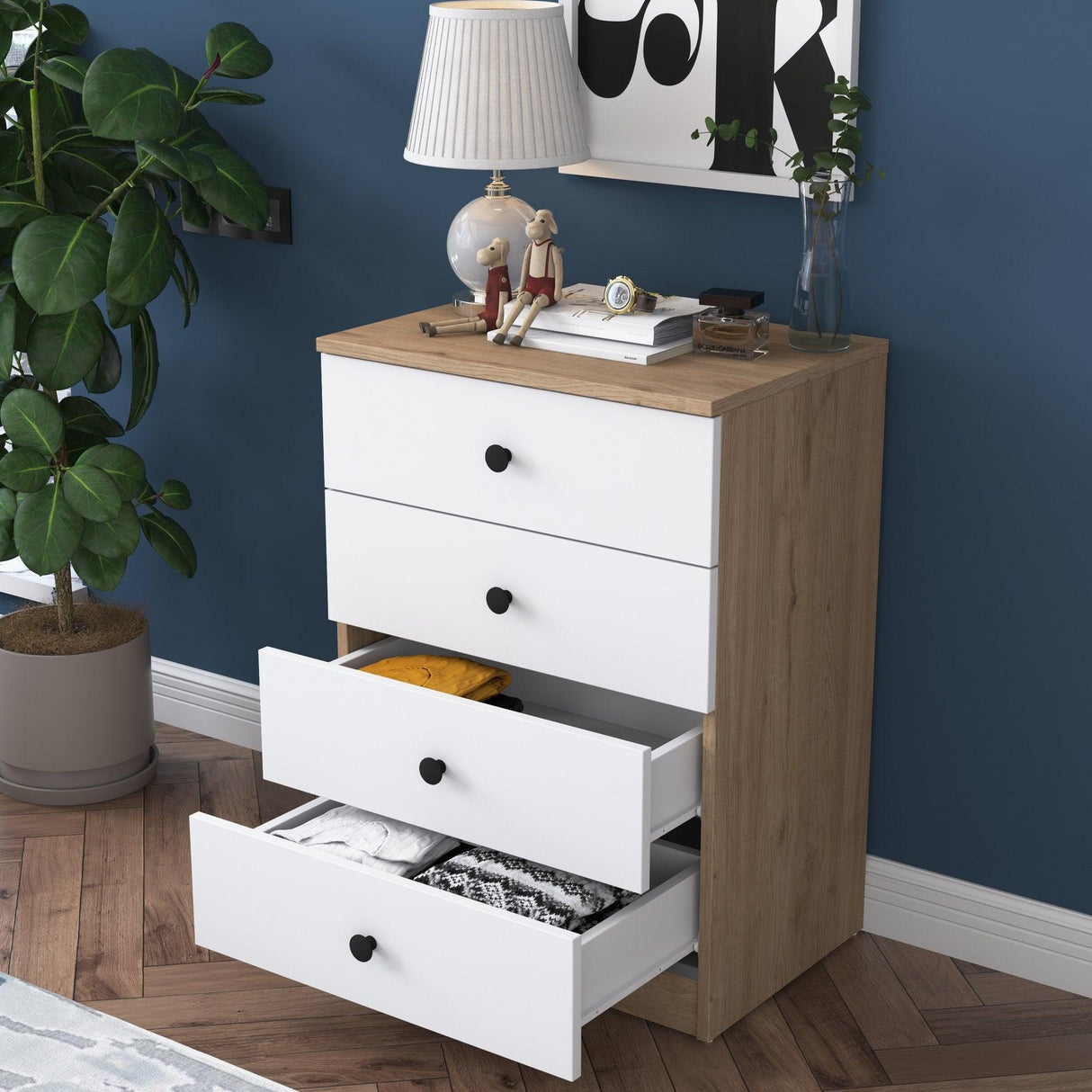 Comoda Dalin cu 4 Sertare, Alb - Nuc, 60 X 83 X 42 Cm