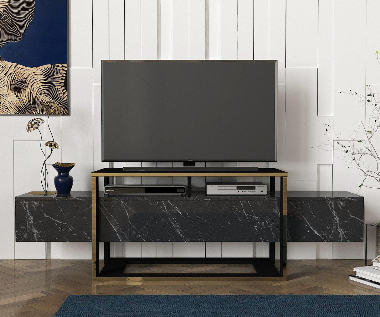 COMODA TV Platinum, Negru, 160 x 50 x 46 cm