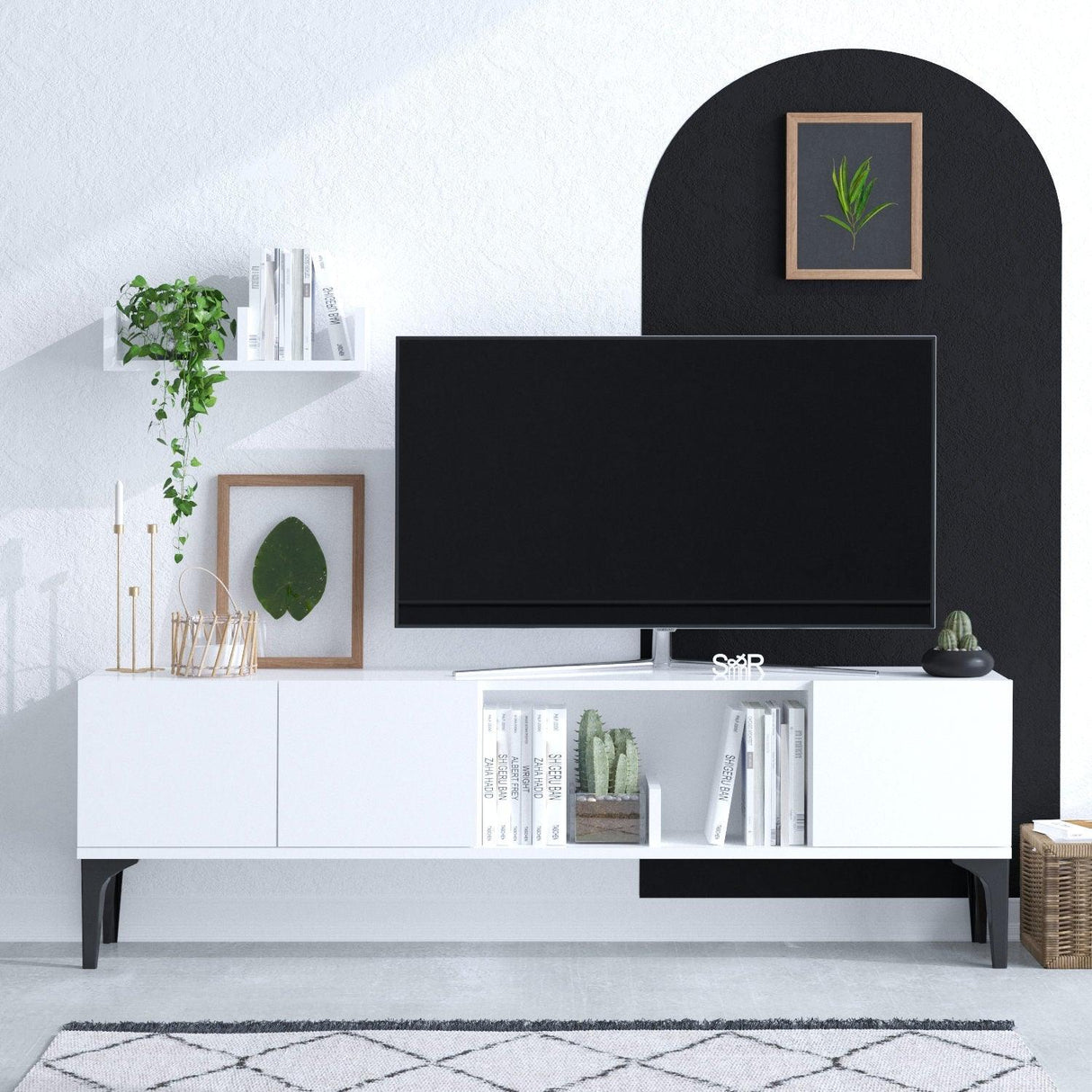 Comoda TV Suble cu 3 usi si rafturi, Alb, 150 x 47 x 35 cm