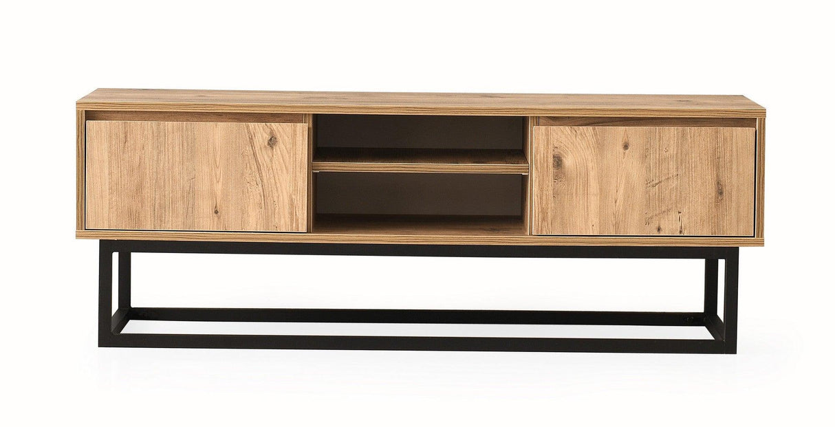 COMODA TV Zealot cu 2 Sertare si Rafturi, Lemn natural, 180 x 50 x 40 cm