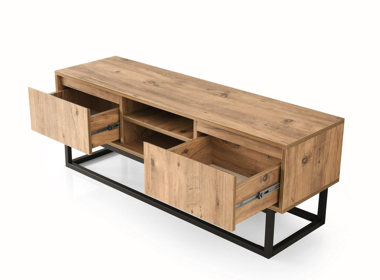 COMODA TV Zealot cu 2 Sertare si Rafturi, Lemn natural, 180 x 50 x 40 cm