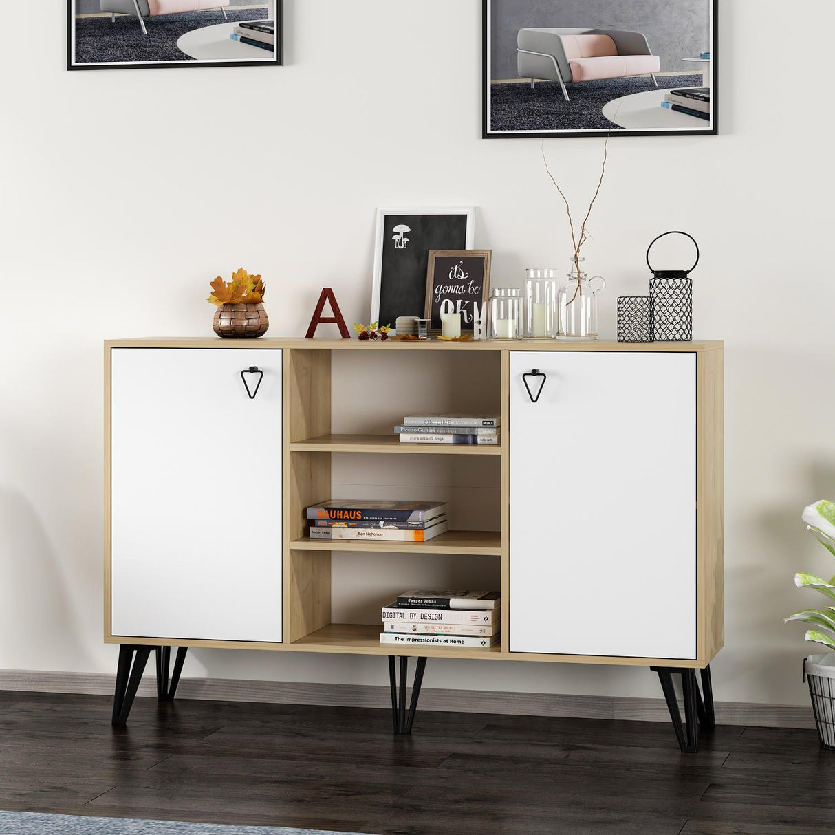 Consola Ege cu 2 Usi si Rafturi, Stejar, 140 x 96 x 40 cm