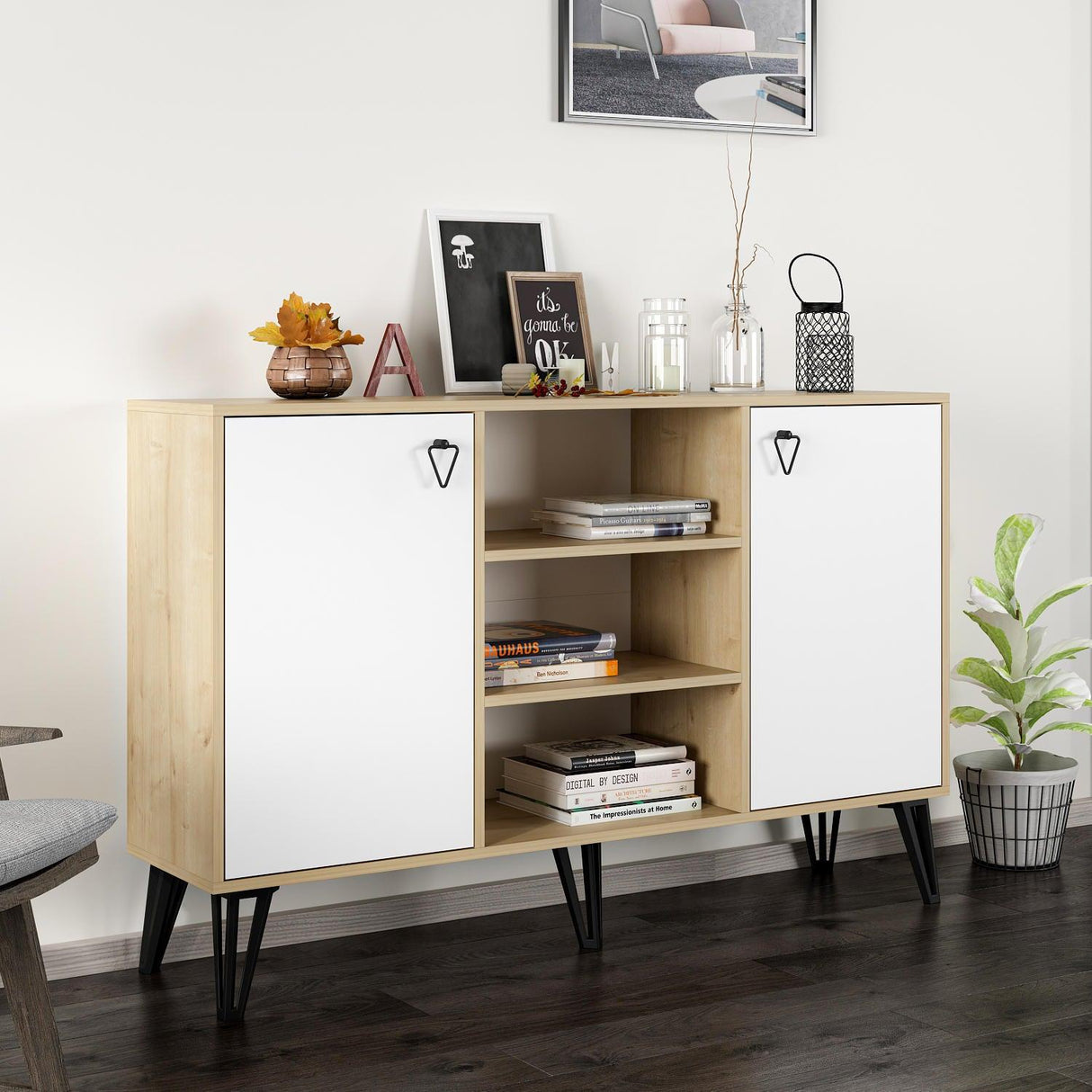 Consola Ege cu 2 Usi si Rafturi, Stejar, 140 x 96 x 40 cm