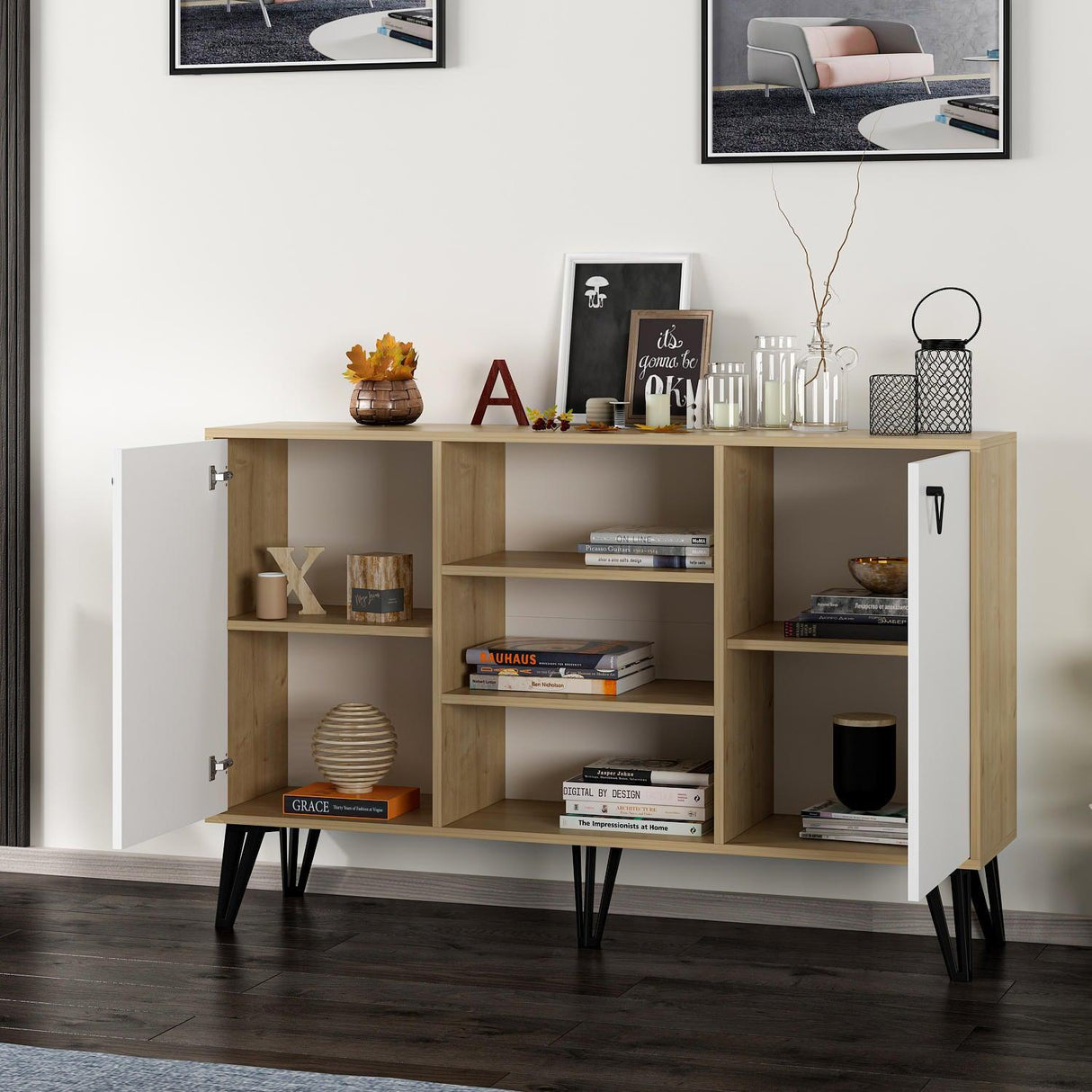 Consola Ege cu 2 Usi si Rafturi, Stejar, 140 x 96 x 40 cm