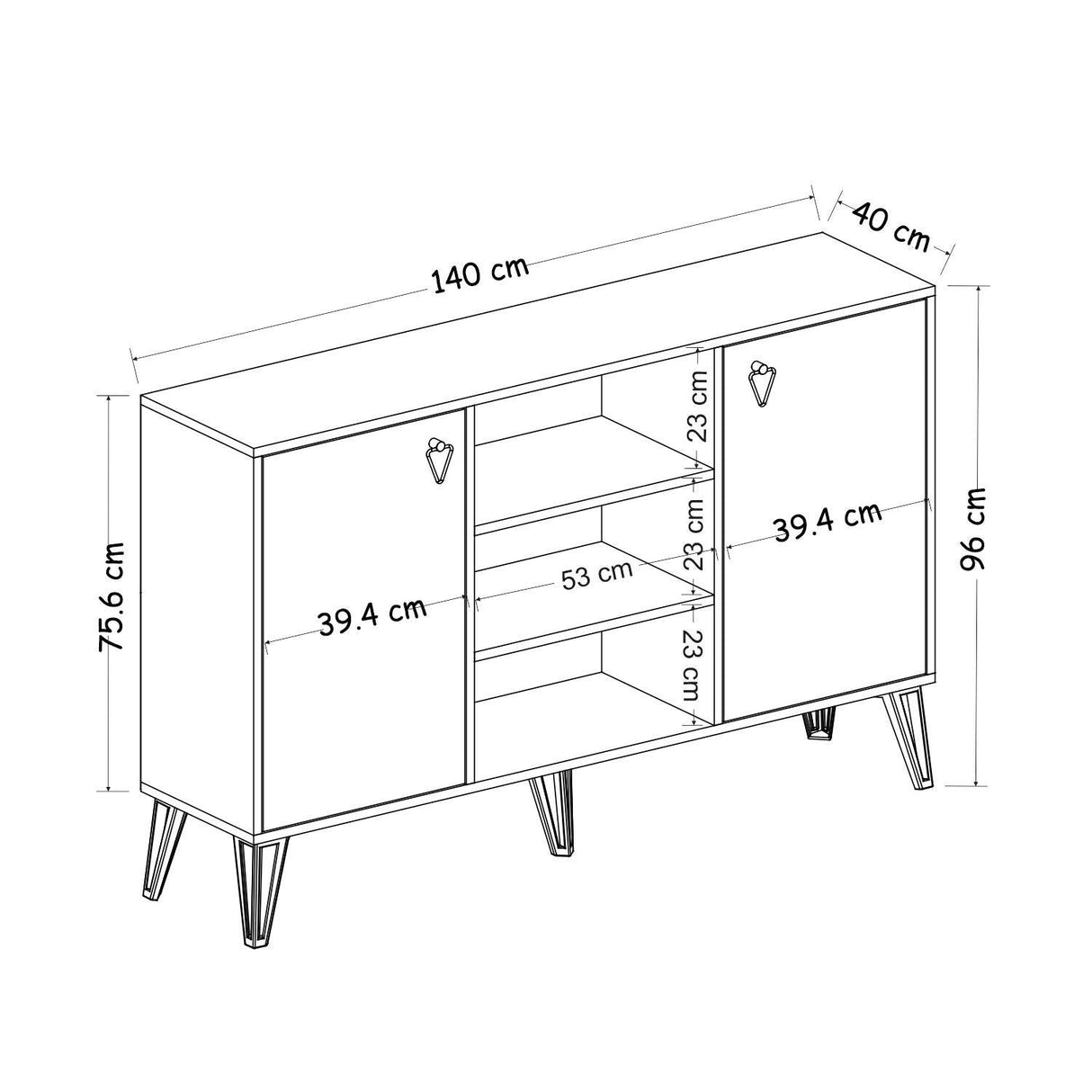 Consola Ege cu 2 Usi si Rafturi, Stejar, 140 x 96 x 40 cm