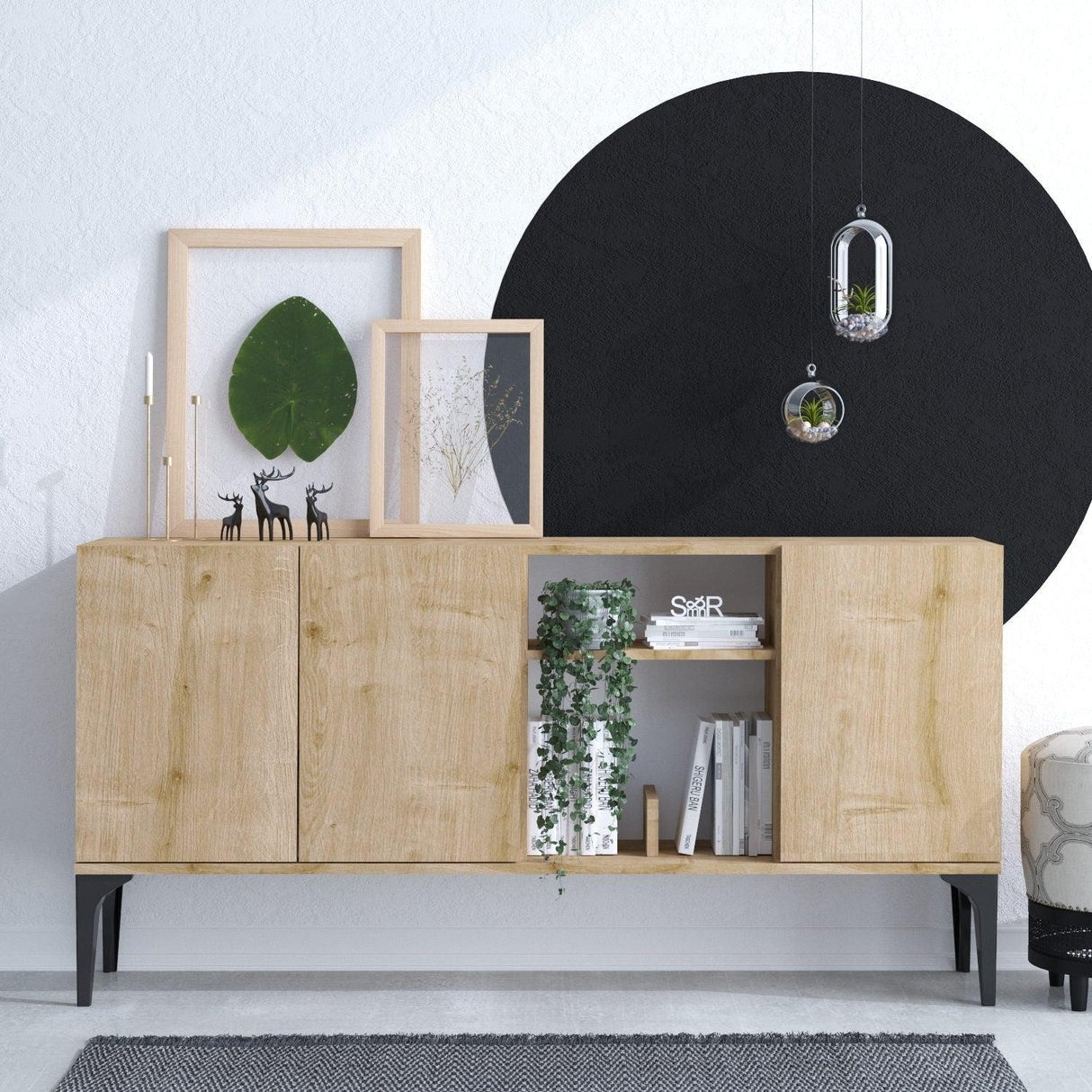 Consola Miranda cu 3 usi si rafturi, Stejar, 150 x 80 x 40 cm