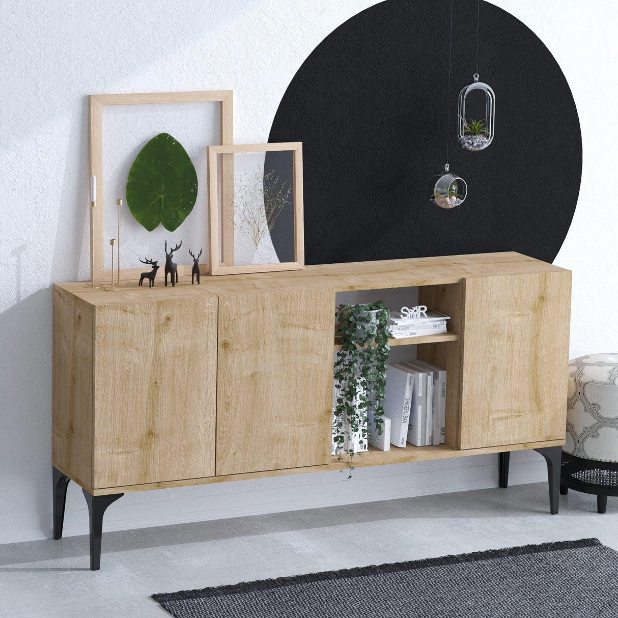 Consola Miranda cu 3 usi si rafturi, Stejar, 150 x 80 x 40 cm