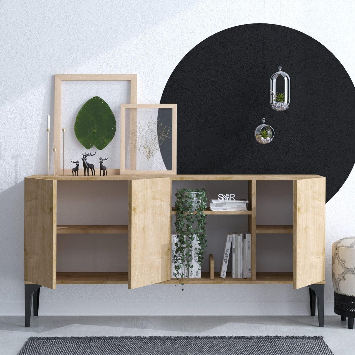 Consola Miranda cu 3 usi si rafturi, Stejar, 150 x 80 x 40 cm