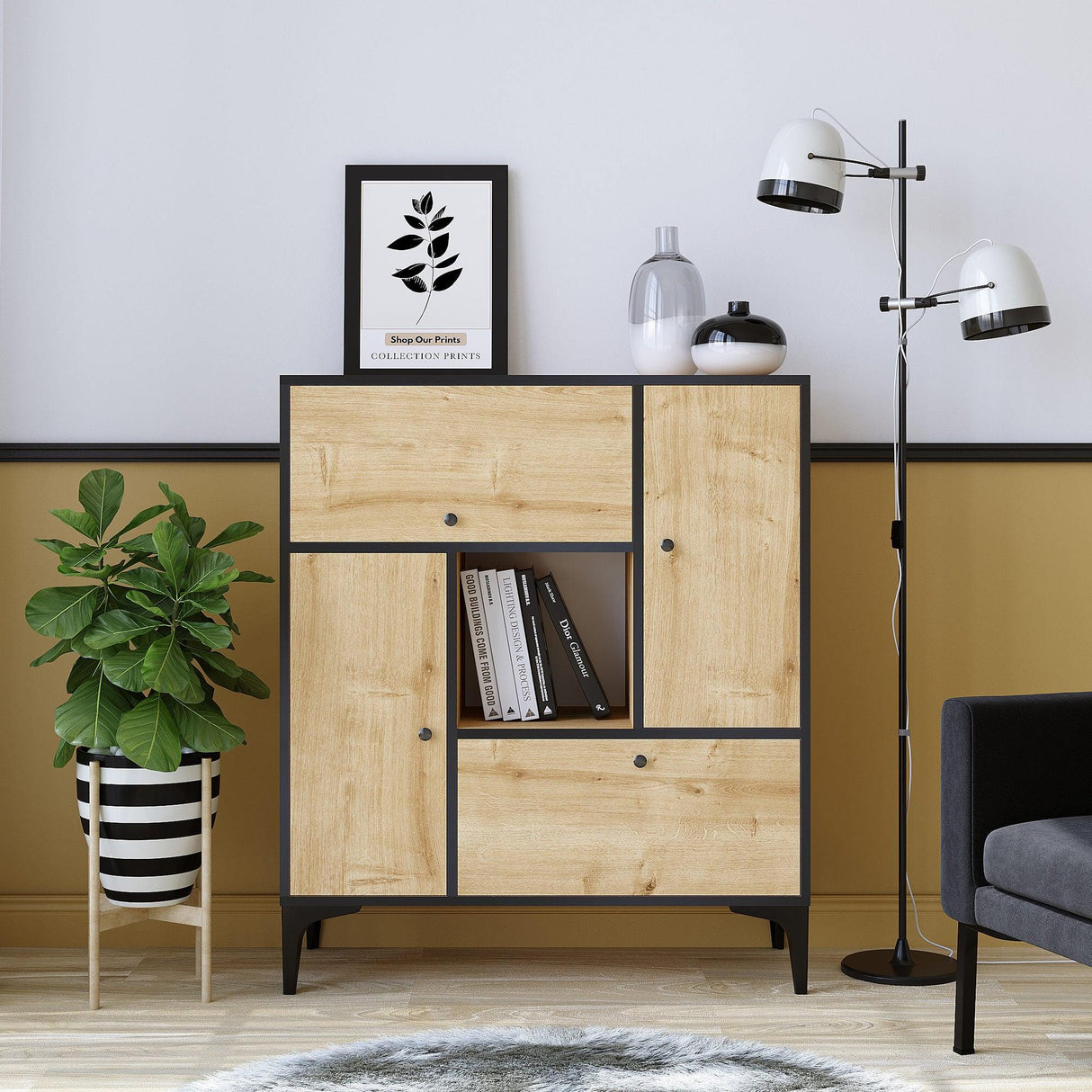 Consola Peradoom cu 4 usi si raft, Stejar, 100 x 117 x 40 cm