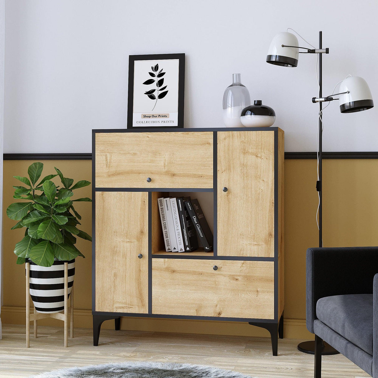 Consola Peradoom cu 4 usi si raft, Stejar, 100 x 117 x 40 cm