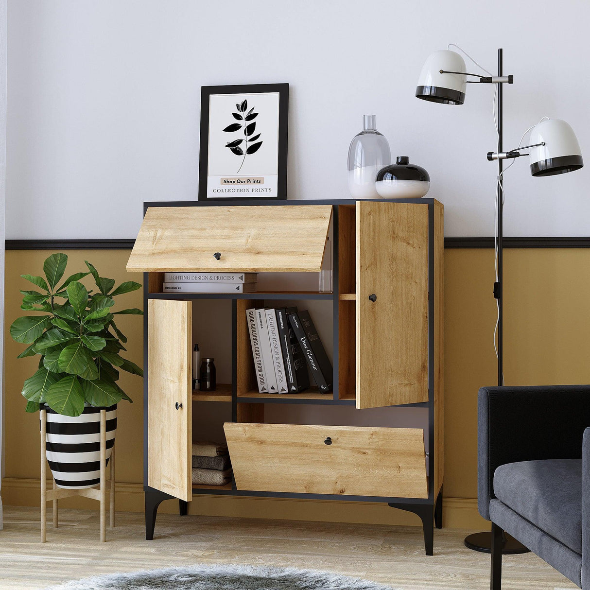 Consola Peradoom cu 4 usi si raft, Stejar, 100 x 117 x 40 cm