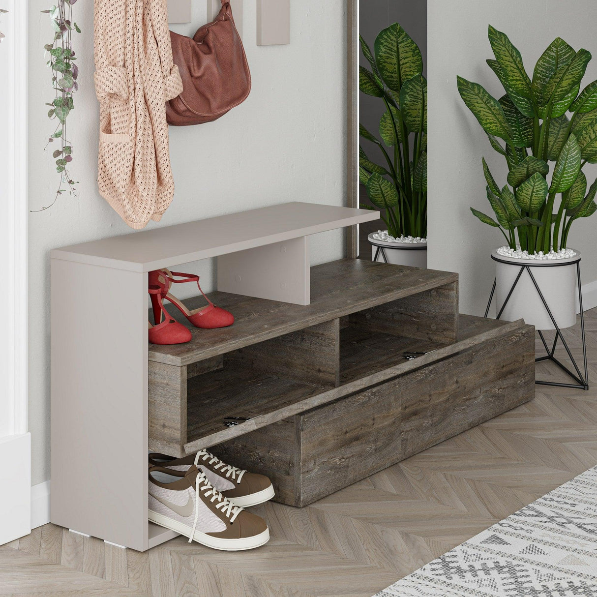 Cuier cu pantofar cu Oglinda Suleiman, Crem Gri, 137 x 154 x 35 cm