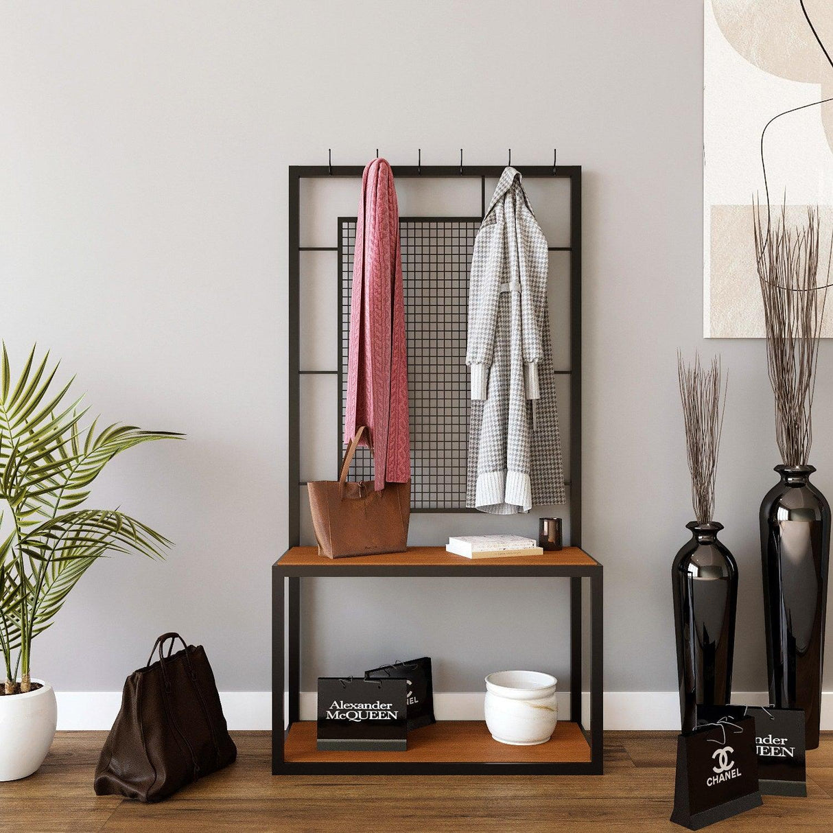 Cuier cu pantofar Gorgon cu Rafturi cadru Metalic, Nuc, 120 X 172 X 30 Cm