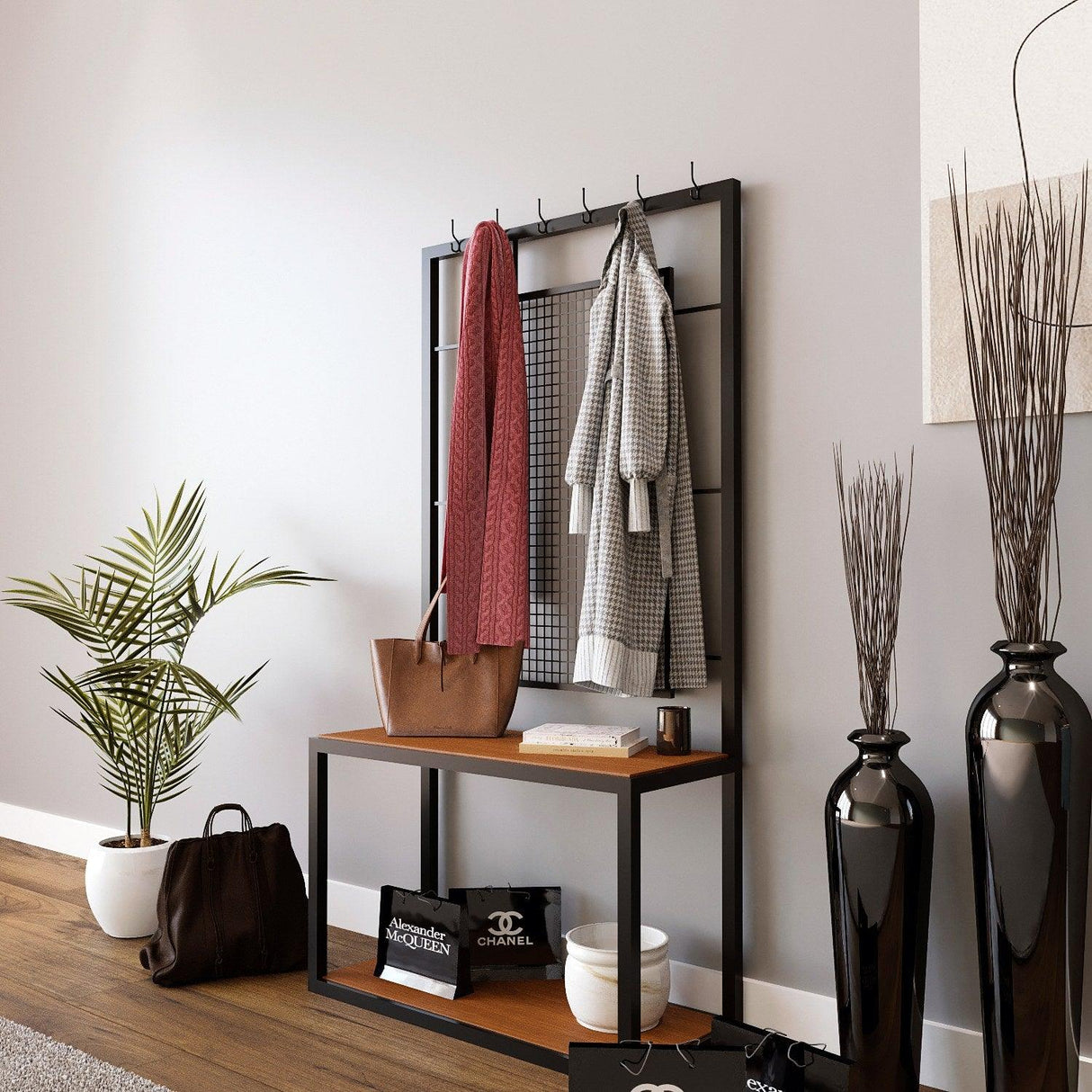 Cuier cu pantofar Gorgon cu Rafturi cadru Metalic, Nuc, 120 X 172 X 30 Cm