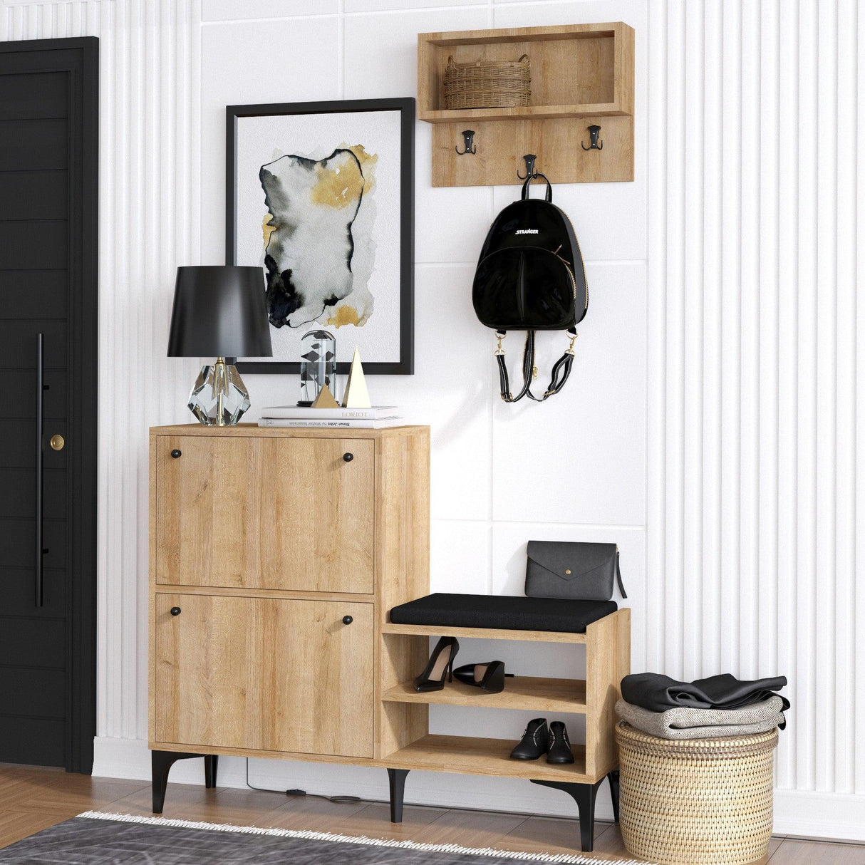 Cuier cu pantofar Metin, Stejar, 110 x 92 x 35 cm