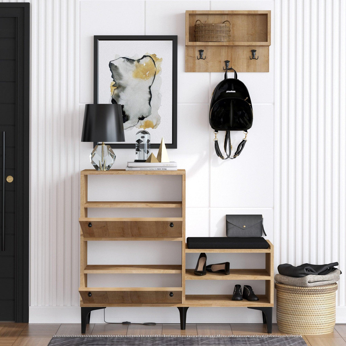 Cuier cu pantofar Metin, Stejar, 110 x 92 x 35 cm