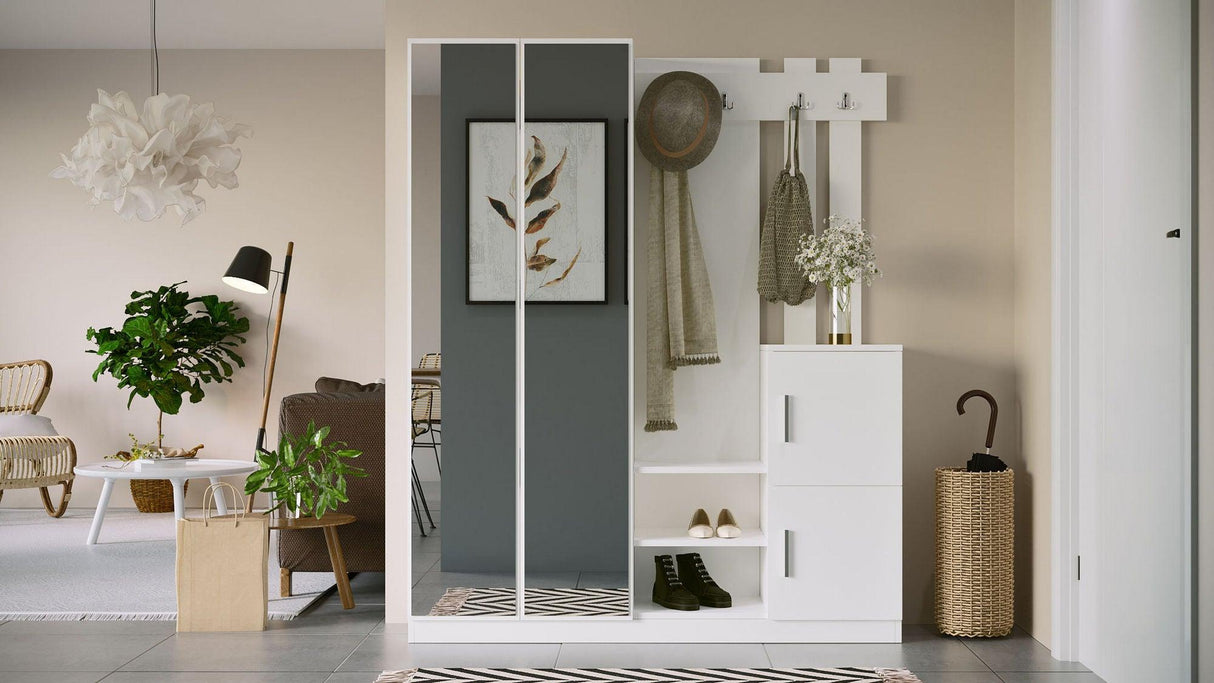 Cuier cu pantofar Rulidash cu Oglinda, Alb, 148 x 180 x 38 cm