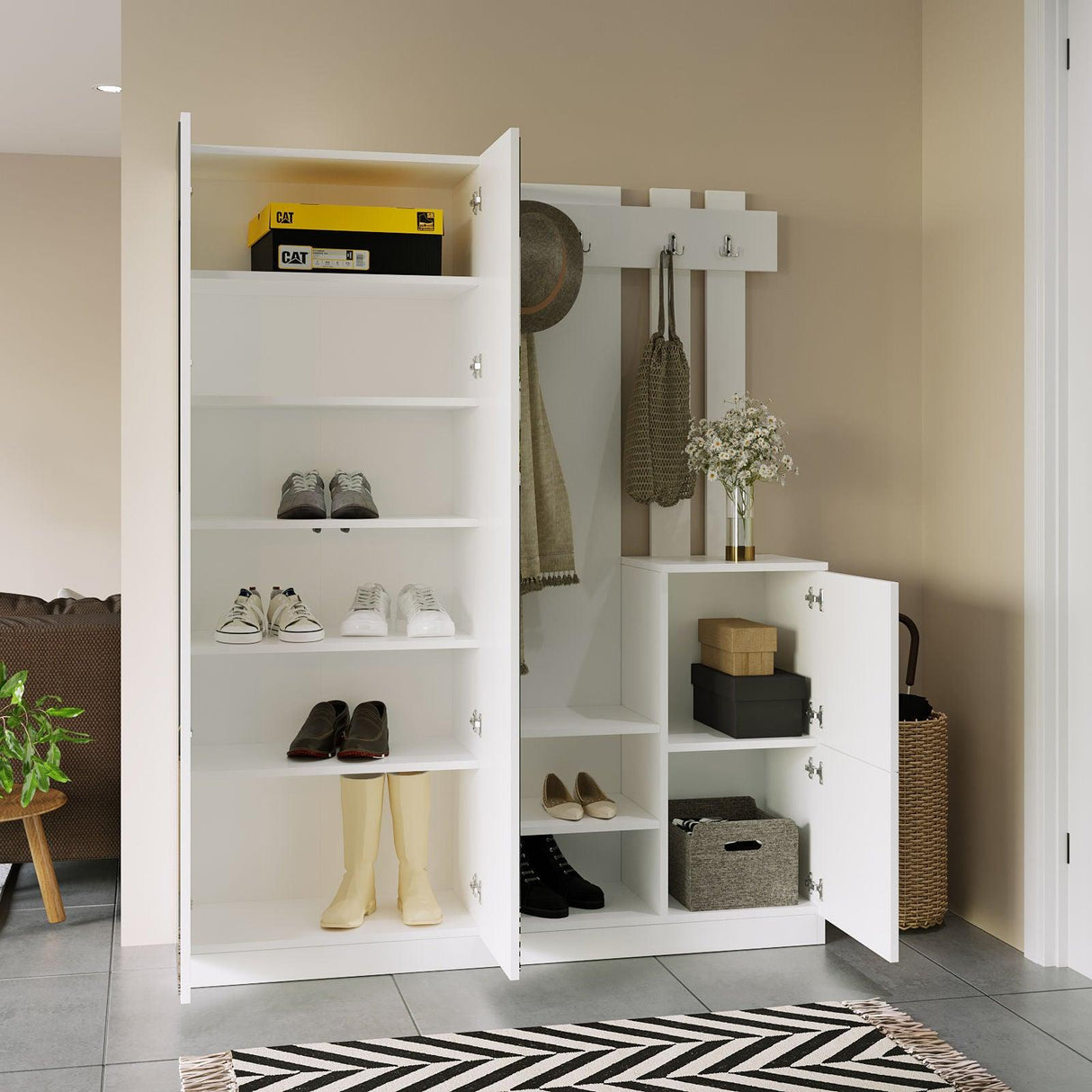 Cuier cu pantofar Rulidash cu Oglinda, Alb, 148 x 180 x 38 cm