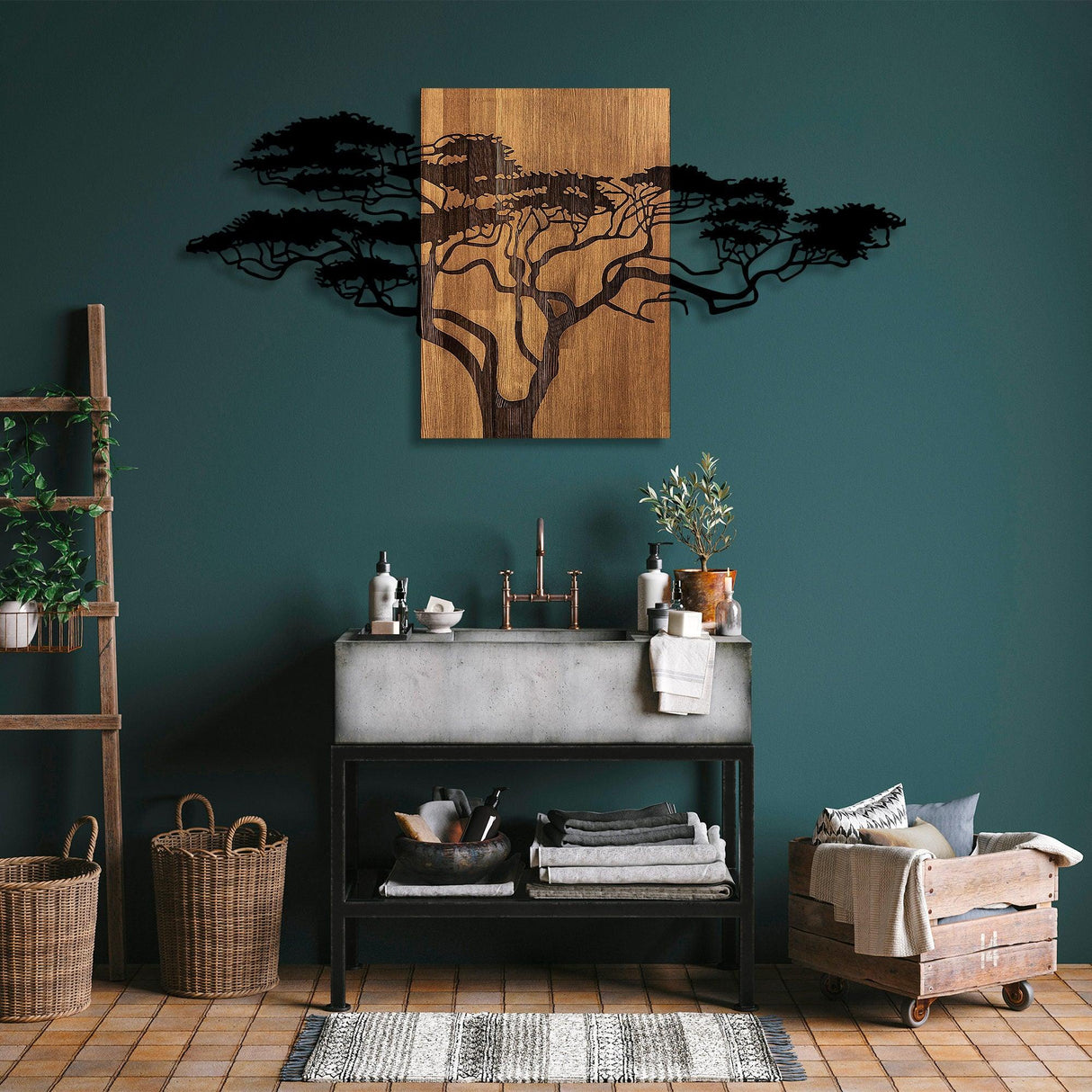 Decoratiune de perete lemn Acacia Tree - 329, Negru, 3x70x144 cm