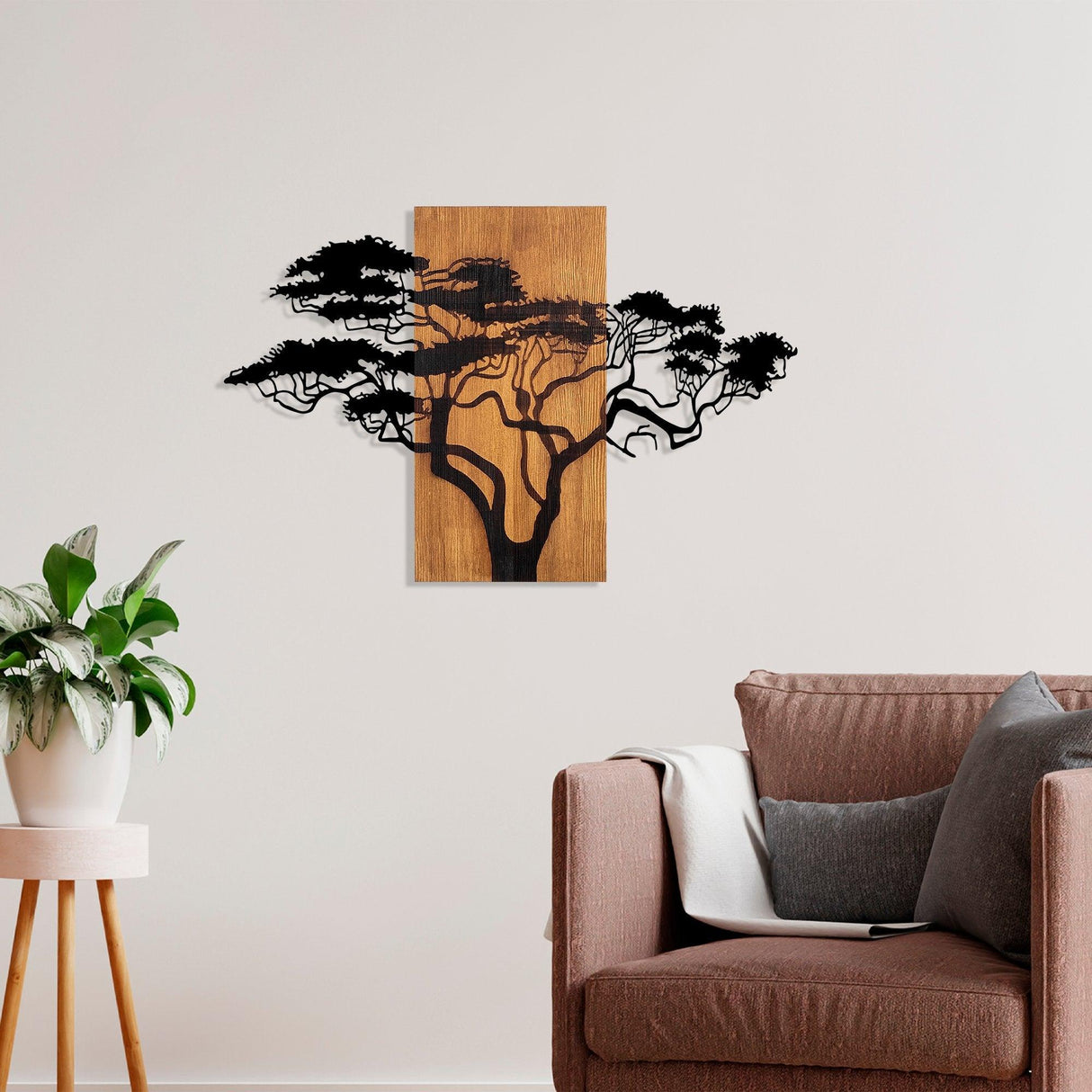 Decoratiune de perete lemn Acacia Tree - 387, Nuc, 58x3x90 cm