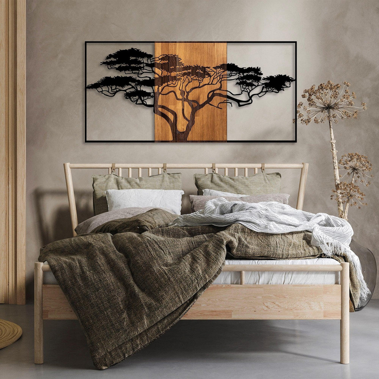 Decoratiune de Perete Lemn Acacia Tree, Negru, 70x3x147 cm