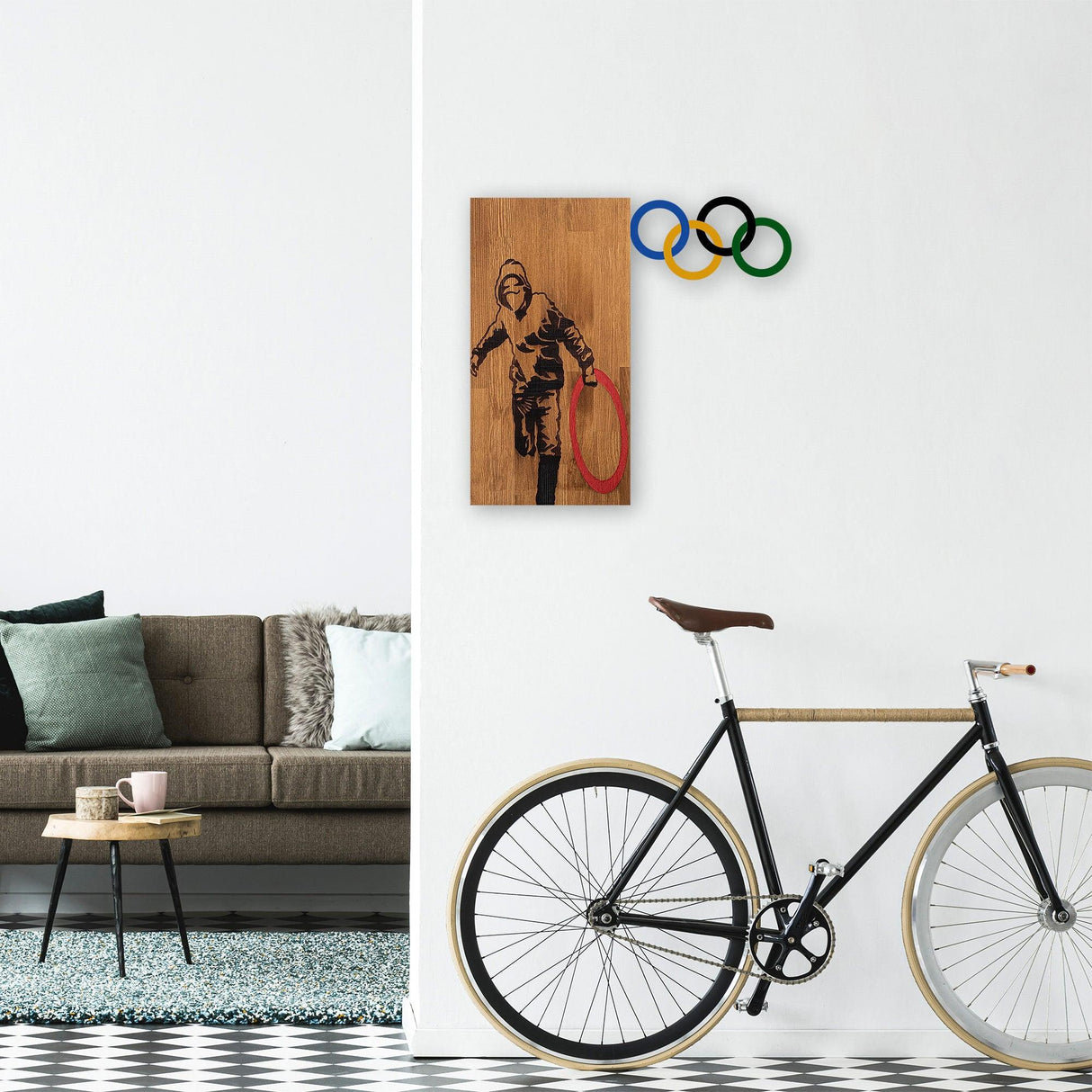 Decoratiune de perete lemn Banksy - 14, Nuc, 60x3x58 cm