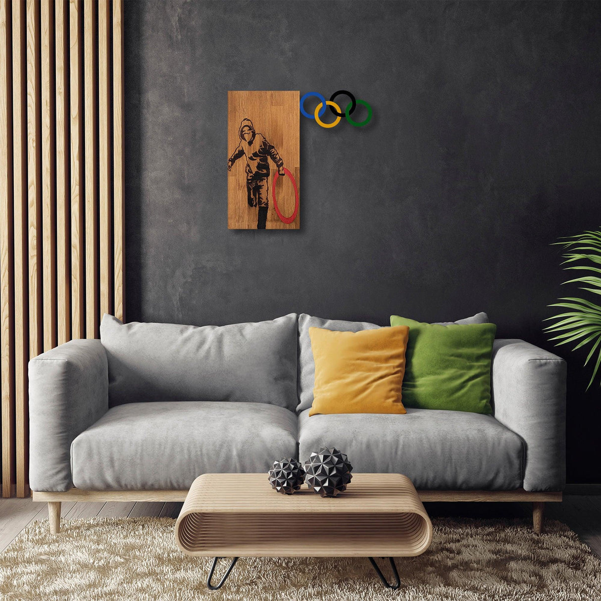 Decoratiune de perete lemn Banksy - 14, Nuc, 60x3x58 cm