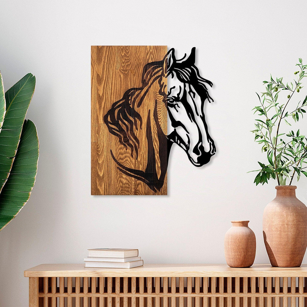 Decoratiune de perete lemn Horse 1, Nuc, 57x48 cm