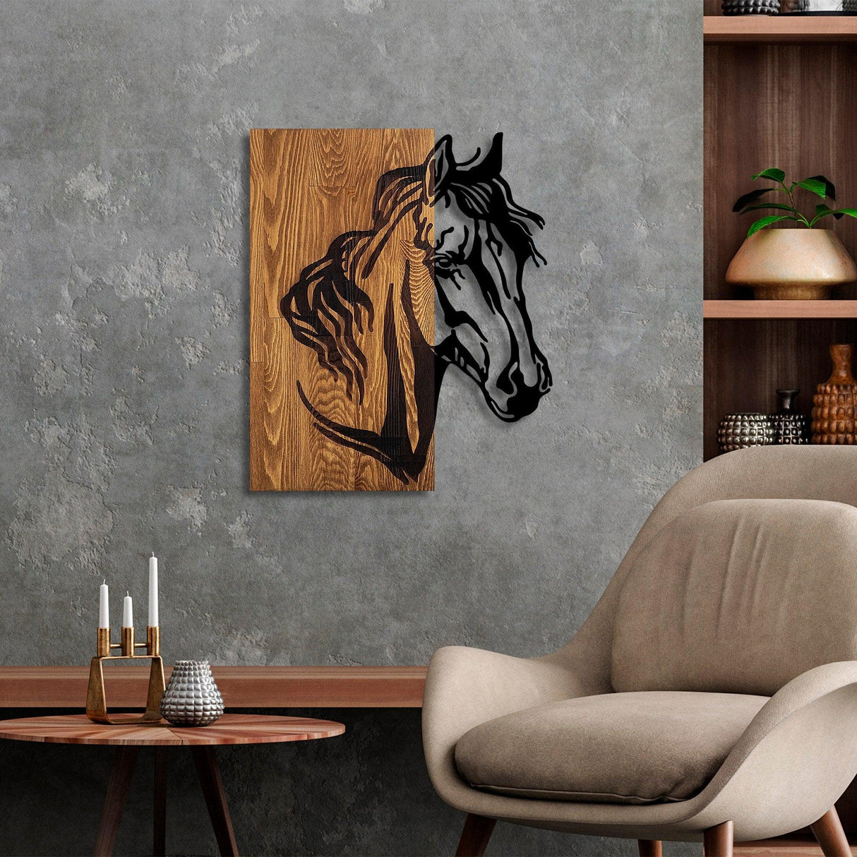 Decoratiune de perete lemn Horse 1, Nuc, 57x48 cm