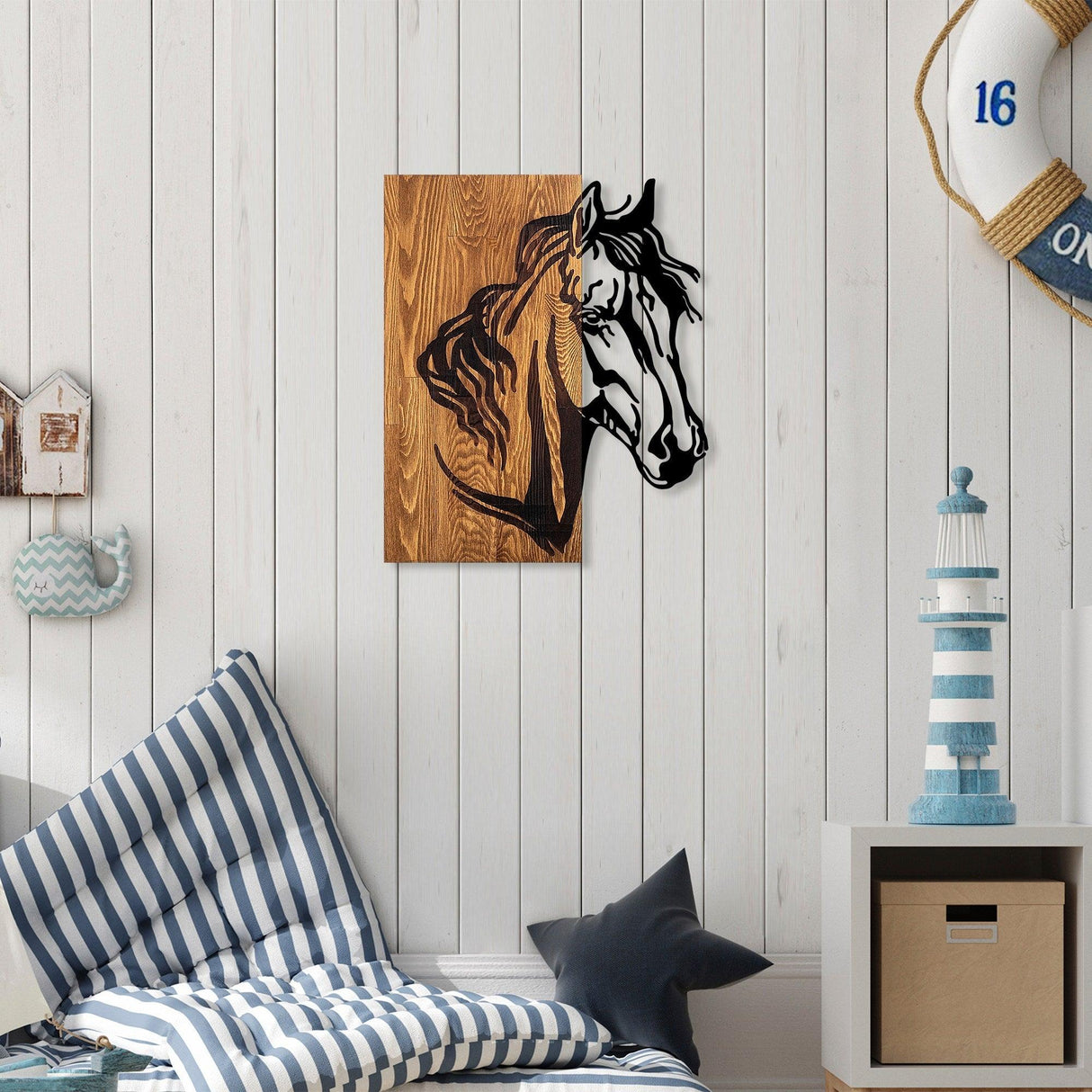 Decoratiune de perete lemn Horse 1, Nuc, 57x48 cm