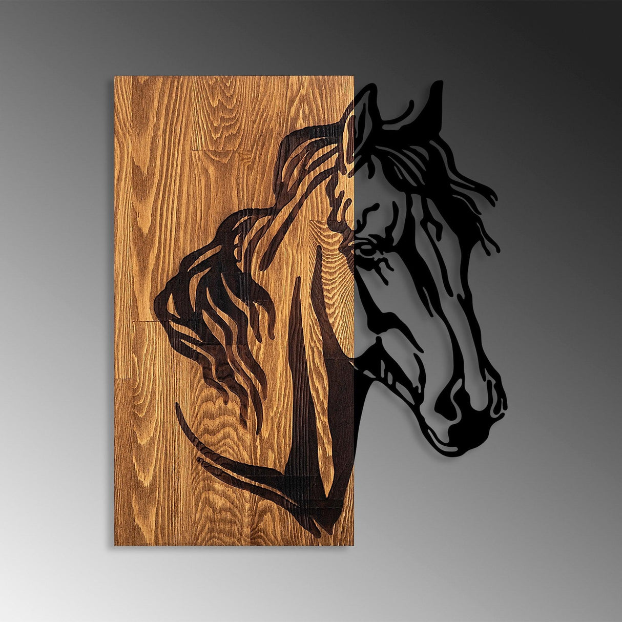 Decoratiune de perete lemn Horse 1, Nuc, 57x48 cm