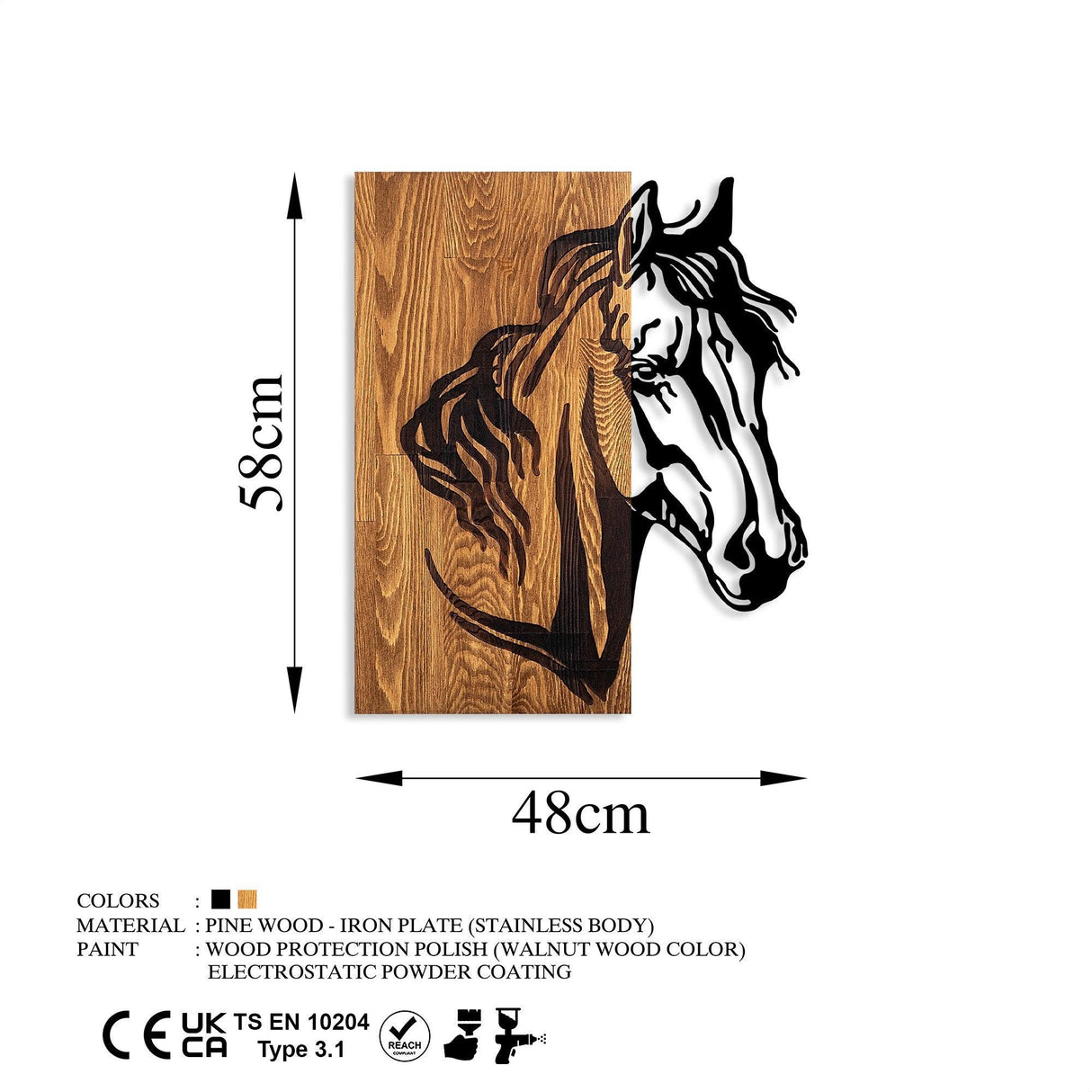 Decoratiune de perete lemn Horse 1, Nuc, 57x48 cm