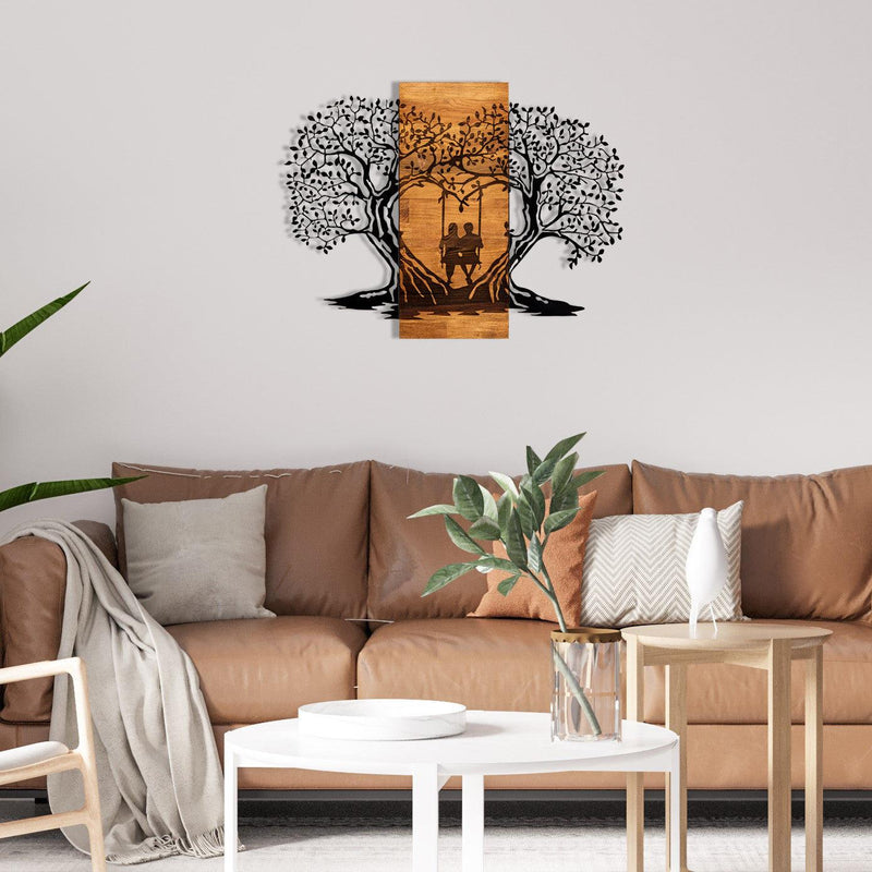 Decoratiune de perete lemn inima copacului, Negru, 76 x 58 x 3 cm