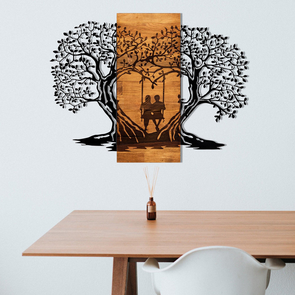 Decoratiune de perete lemn inima copacului, Negru, 76 x 58 x 3 cm