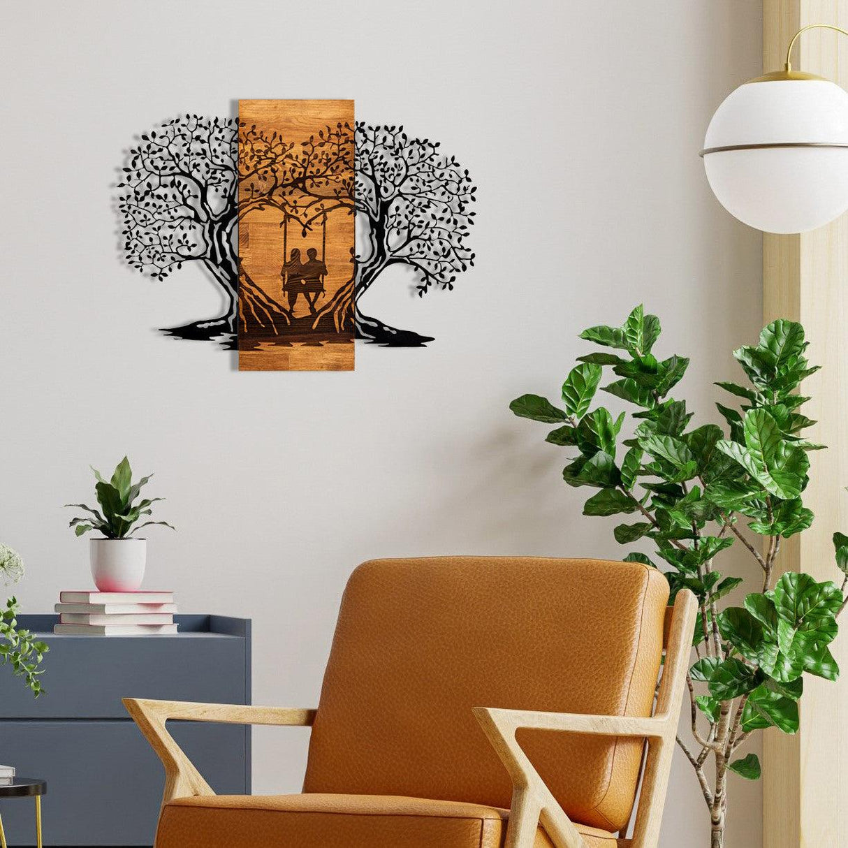 Decoratiune de perete lemn inima copacului, Negru, 76 x 58 x 3 cm