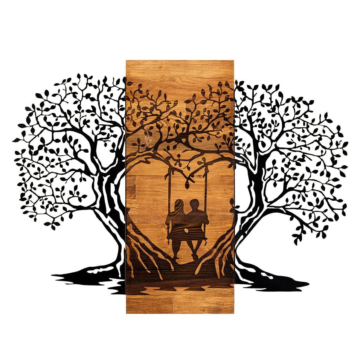 Decoratiune de perete lemn inima copacului, Negru, 76 x 58 x 3 cm