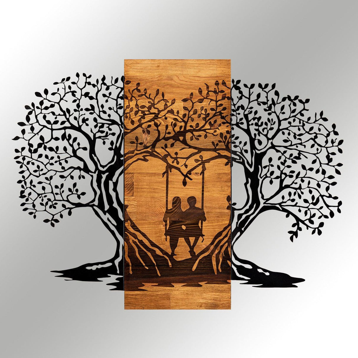 Decoratiune de perete lemn inima copacului, Negru, 76 x 58 x 3 cm