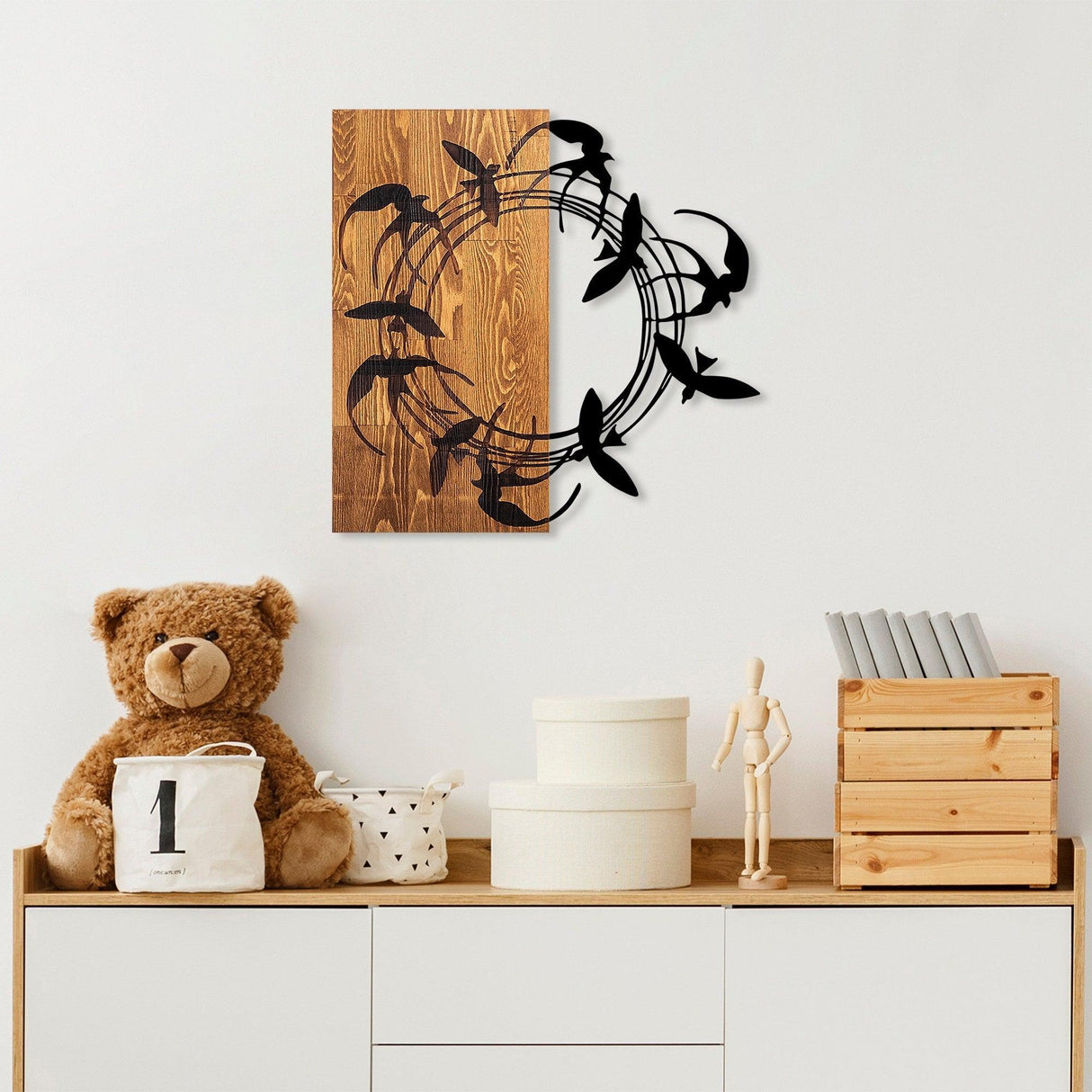 Decoratiune de perete lemn Spiral Birds, Nuc, 58x3x58 cm