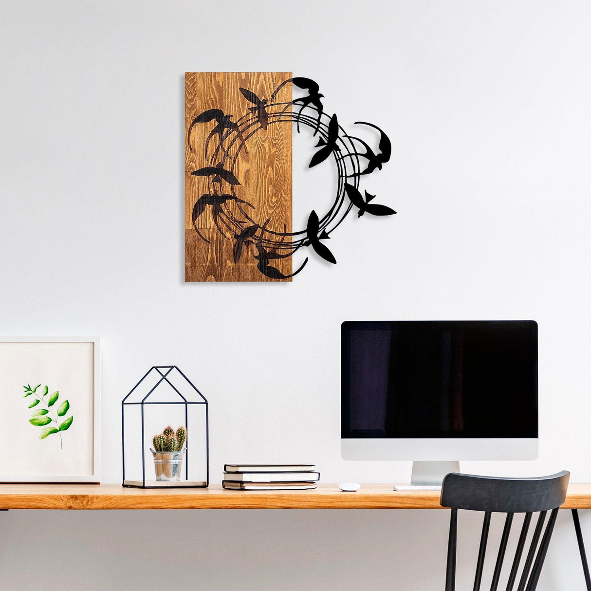 Decoratiune de perete lemn Spiral Birds, Nuc, 58x3x58 cm