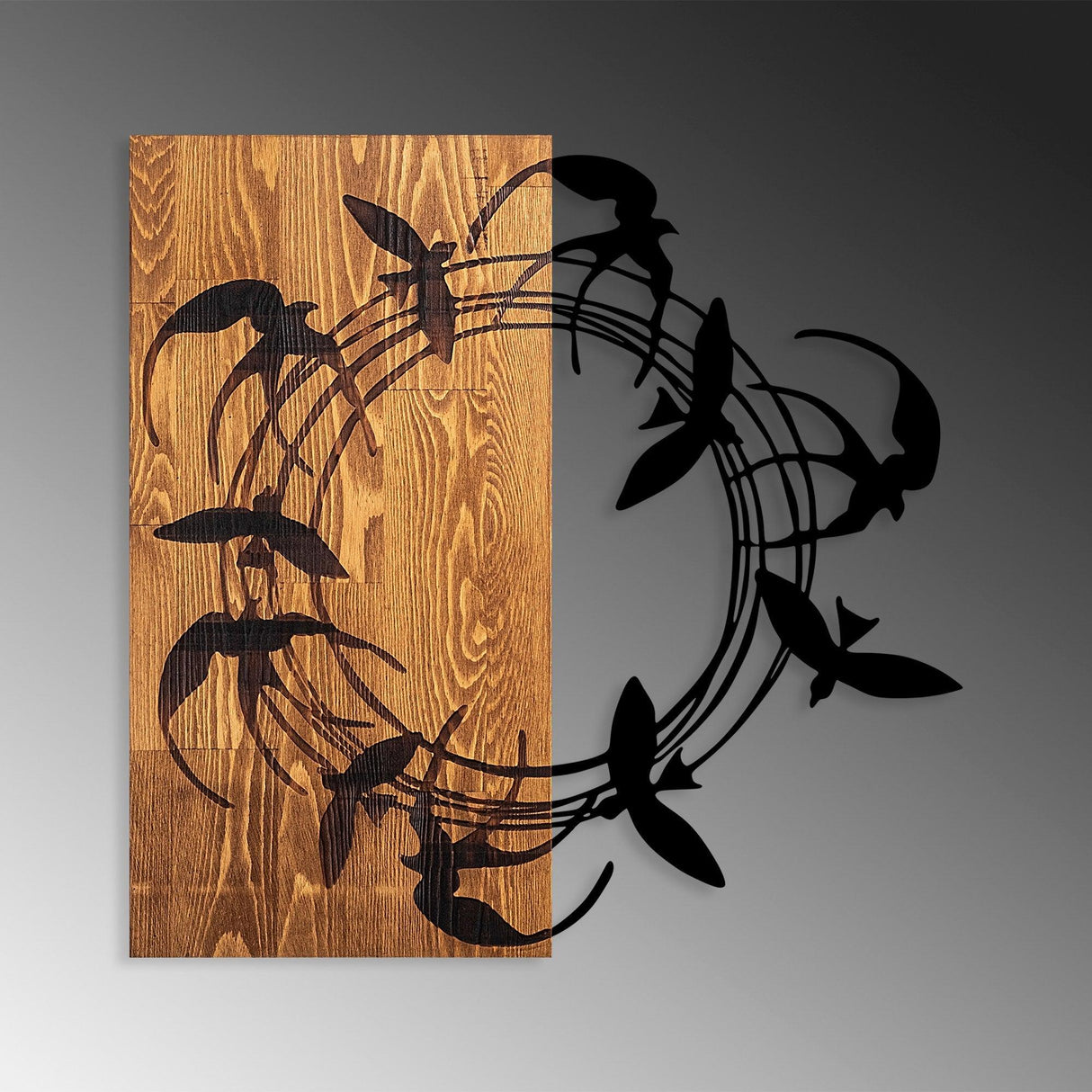 Decoratiune de perete lemn Spiral Birds, Nuc, 58x3x58 cm