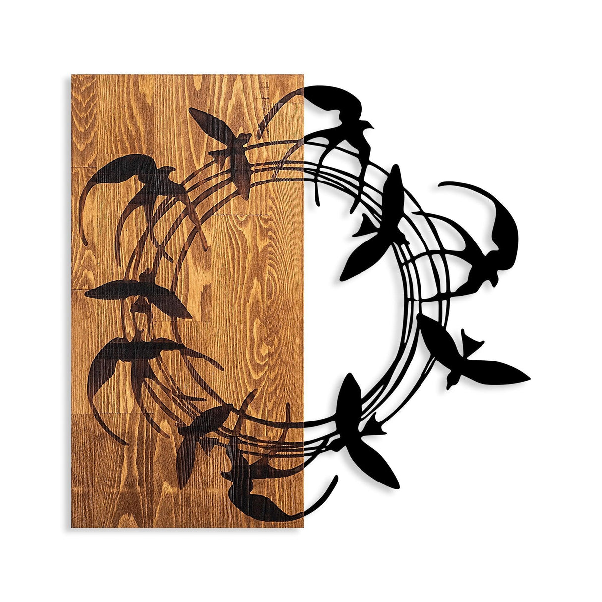 Decoratiune de perete lemn Spiral Birds, Nuc, 58x3x58 cm