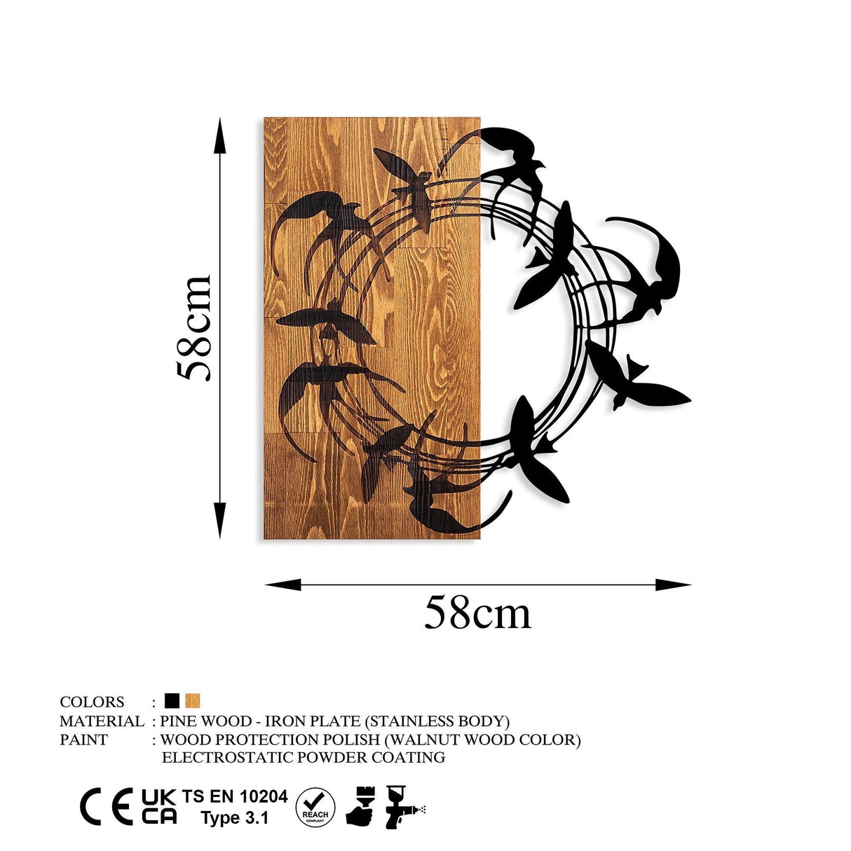 Decoratiune de perete lemn Spiral Birds, Nuc, 58x3x58 cm