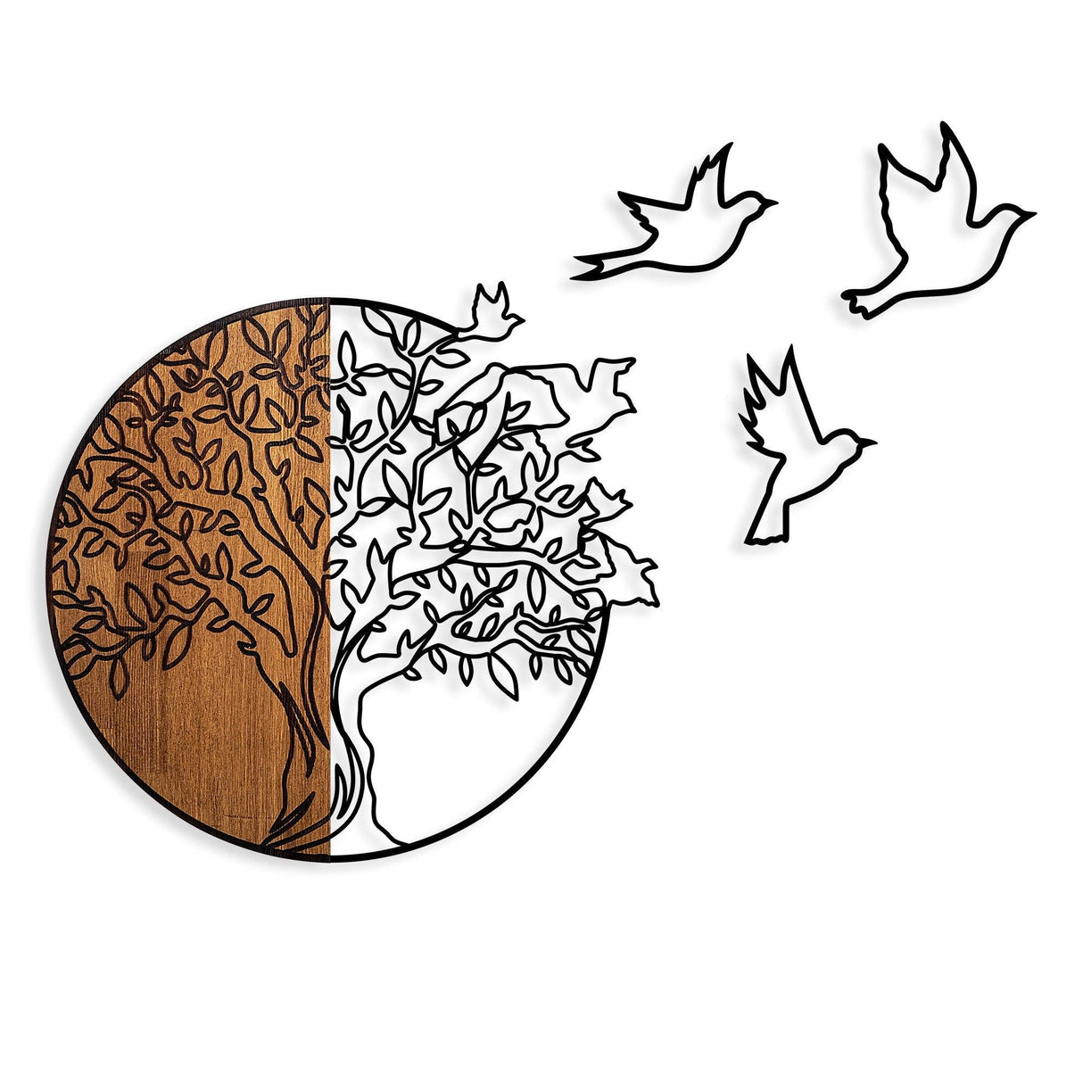 Decoratiune de perete lemn Tree And Birds 2, Nuc, 56x3x60 cm