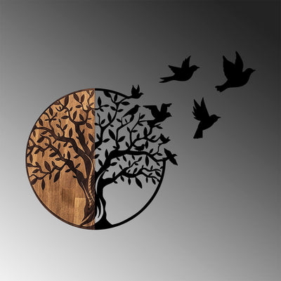 Decoratiune de perete lemn Tree And Birds - 322, Negru, 3x71x92 cm