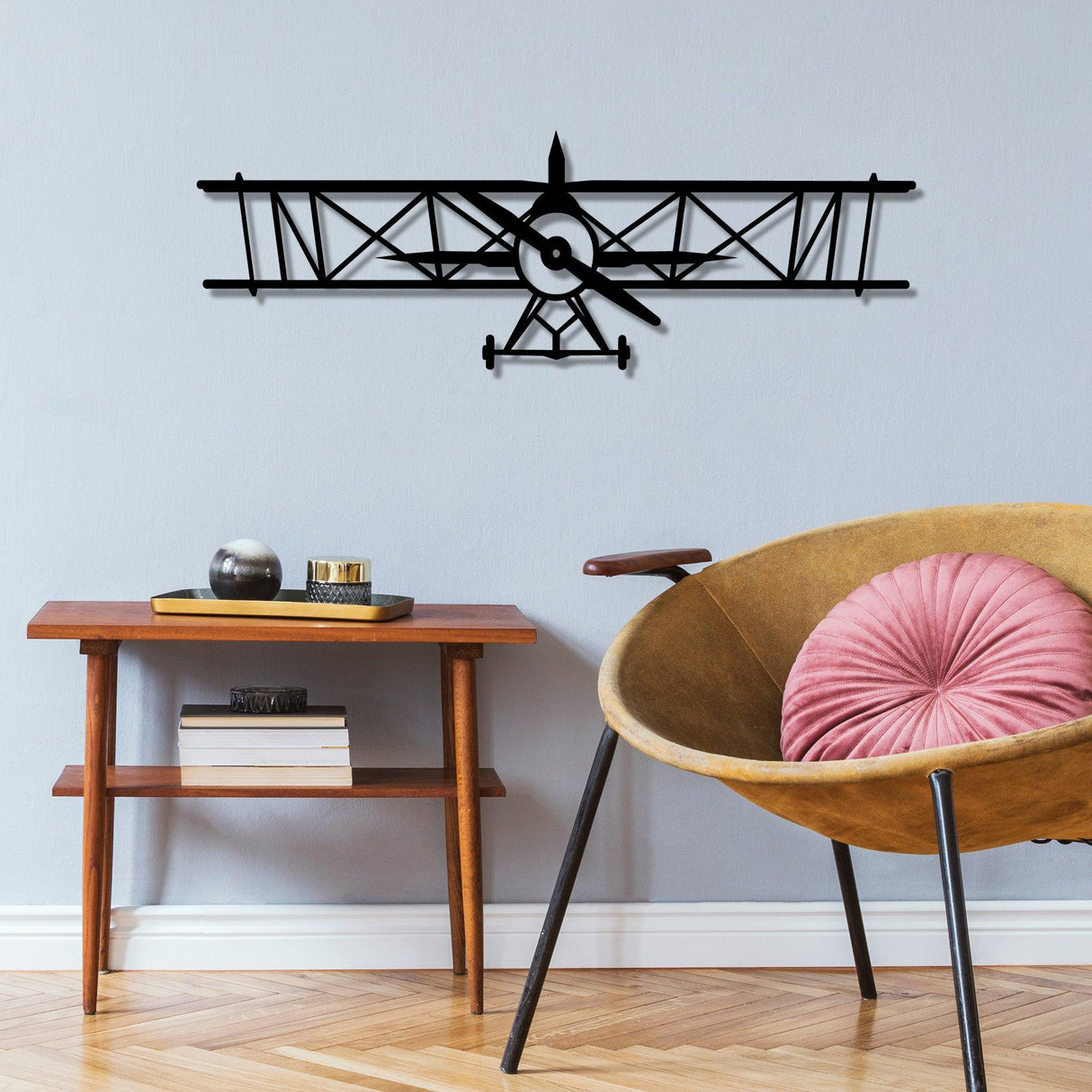 Decoratiune de perete Metal Avion, Negru, 23x70 cm
