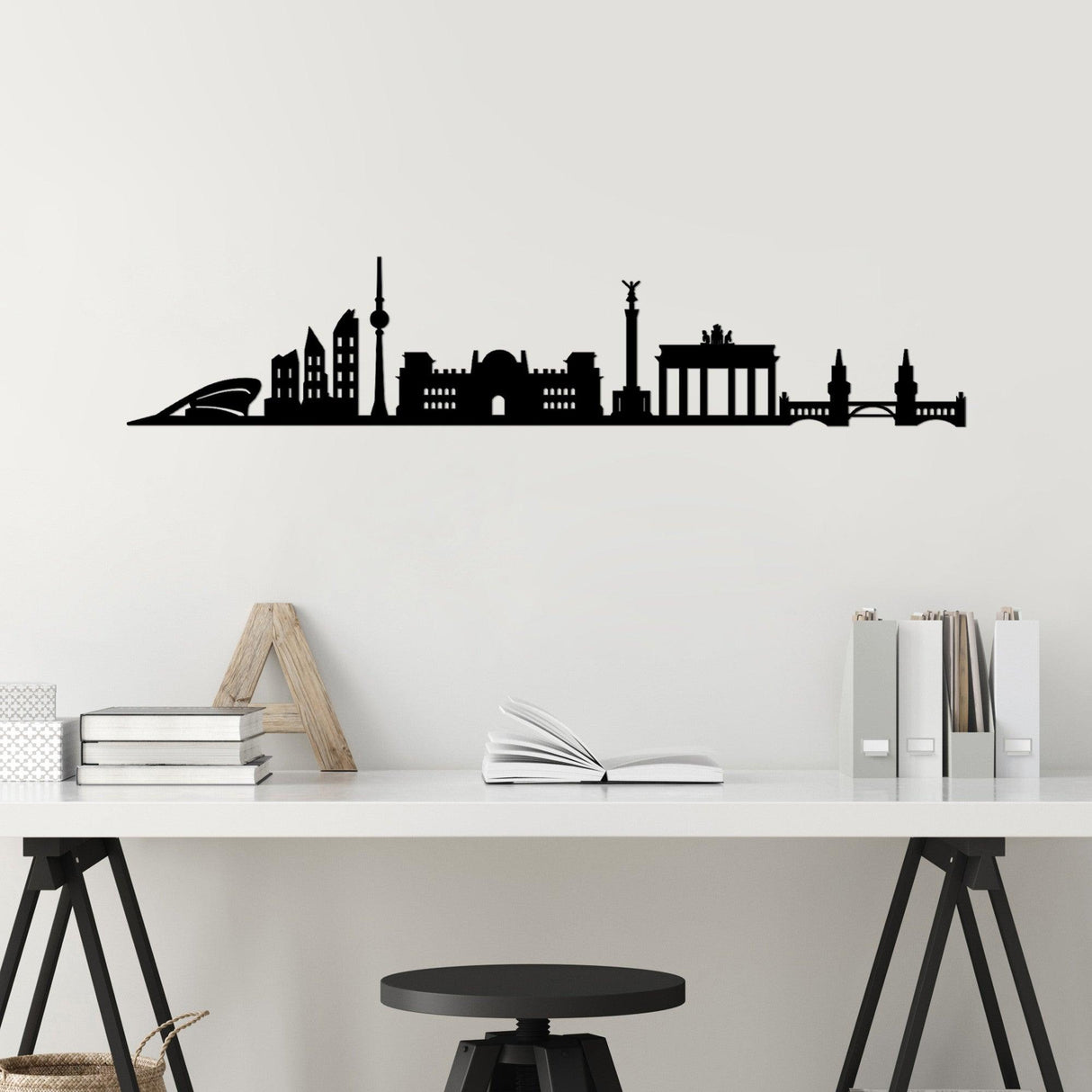 Decoratiune de perete Metal Berlin Skyline, Negru, 24x1x119 cm