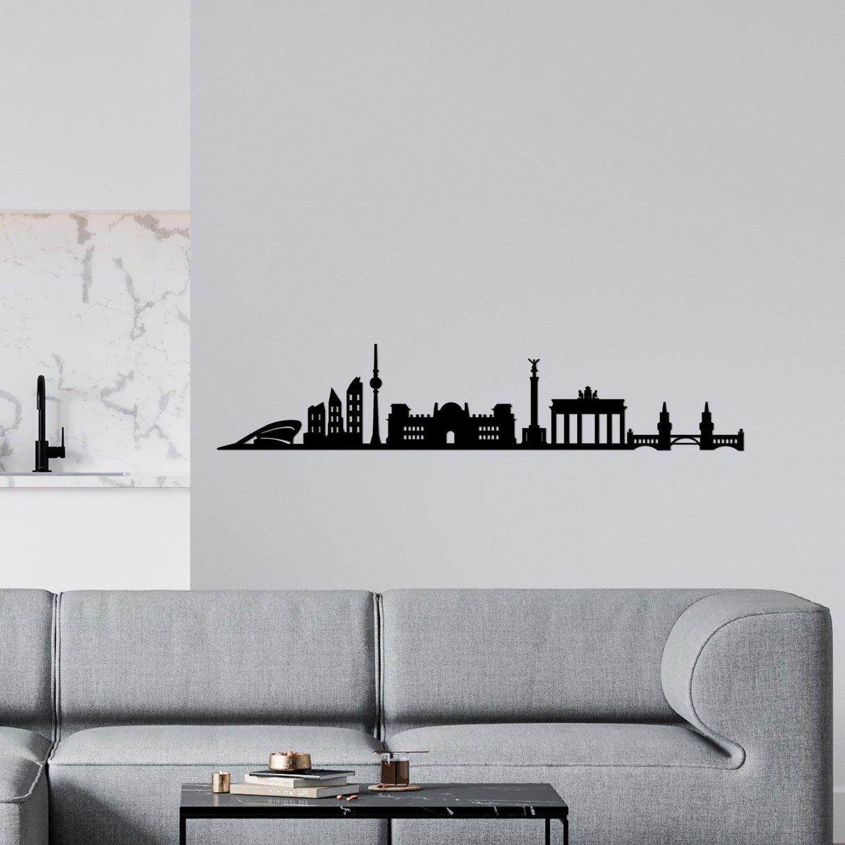 Decoratiune de perete Metal Berlin Skyline, Negru, 24x1x119 cm