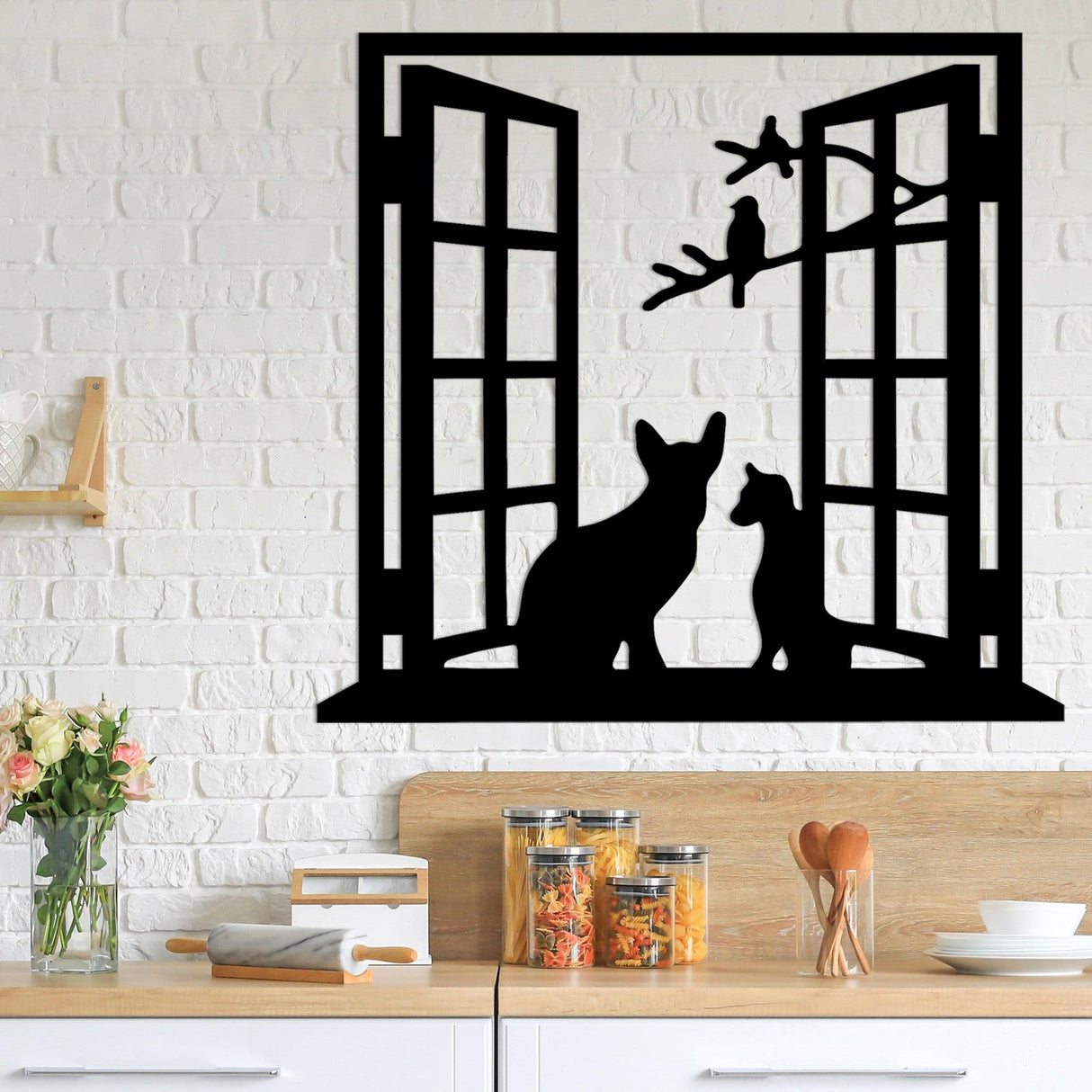 Decoratiune de perete Metal Cat In The Window, Negru, 0.15x92x100 cm